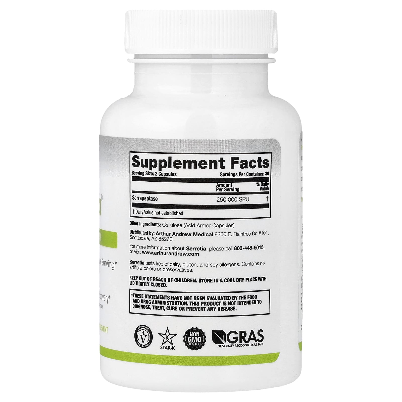 Arthur Andrew Medical, Serretia®, чистая серрапептаза, 60 капсул (125 000 SPU в 1 капсуле)
