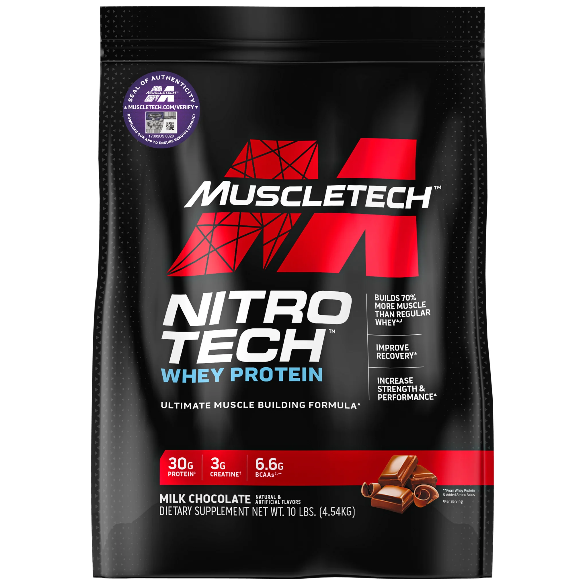 MuscleTech, Nitro Tech, сывороточный изолят и пептиды для роста сухой мышечной массы, со вкусом молочного шоколада, 4,54 кг (10 фунтов)