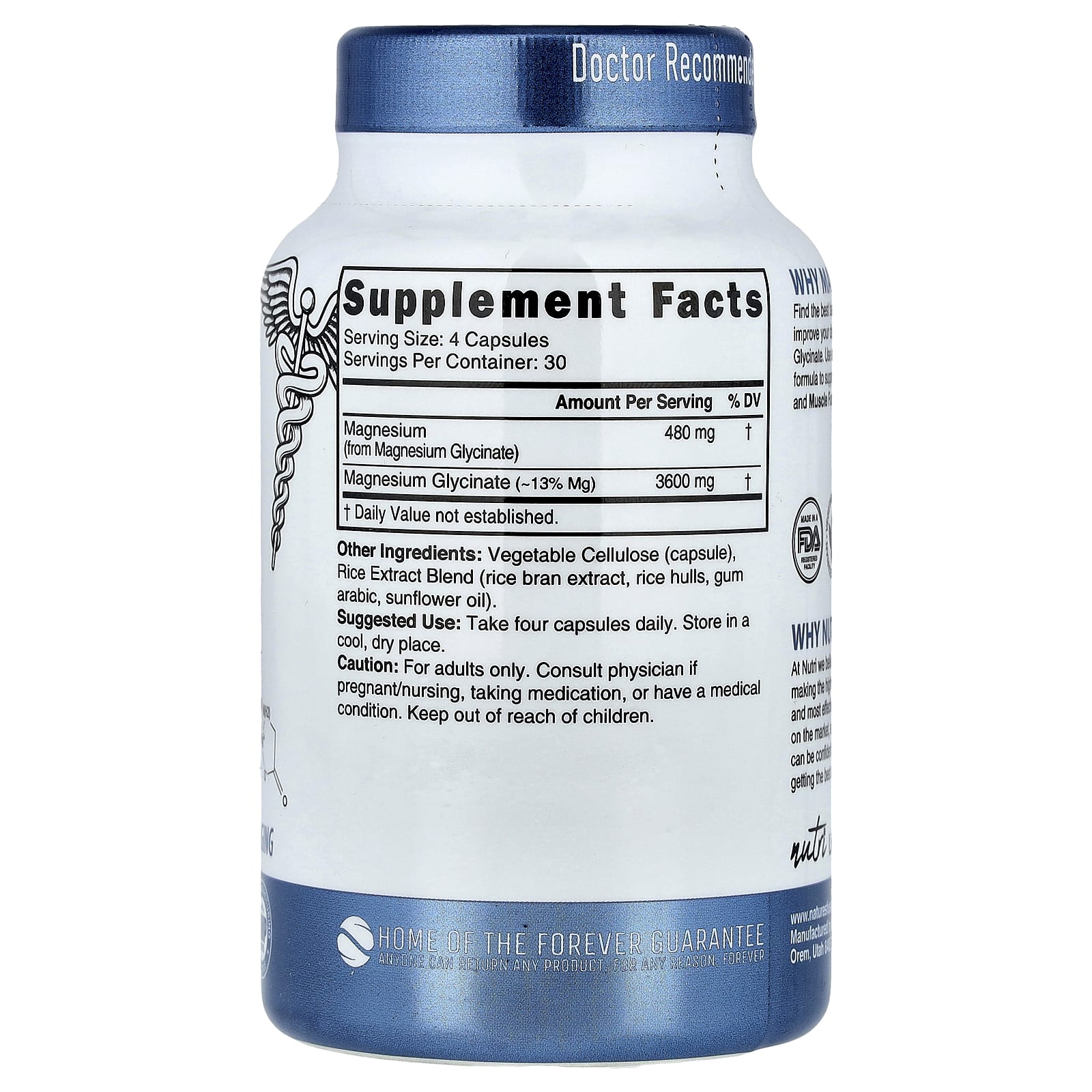 Nutri, Глицинат магния, высокая усвояемость, 3600 мг, 120 веганских капсул (900 мг на капсулу)