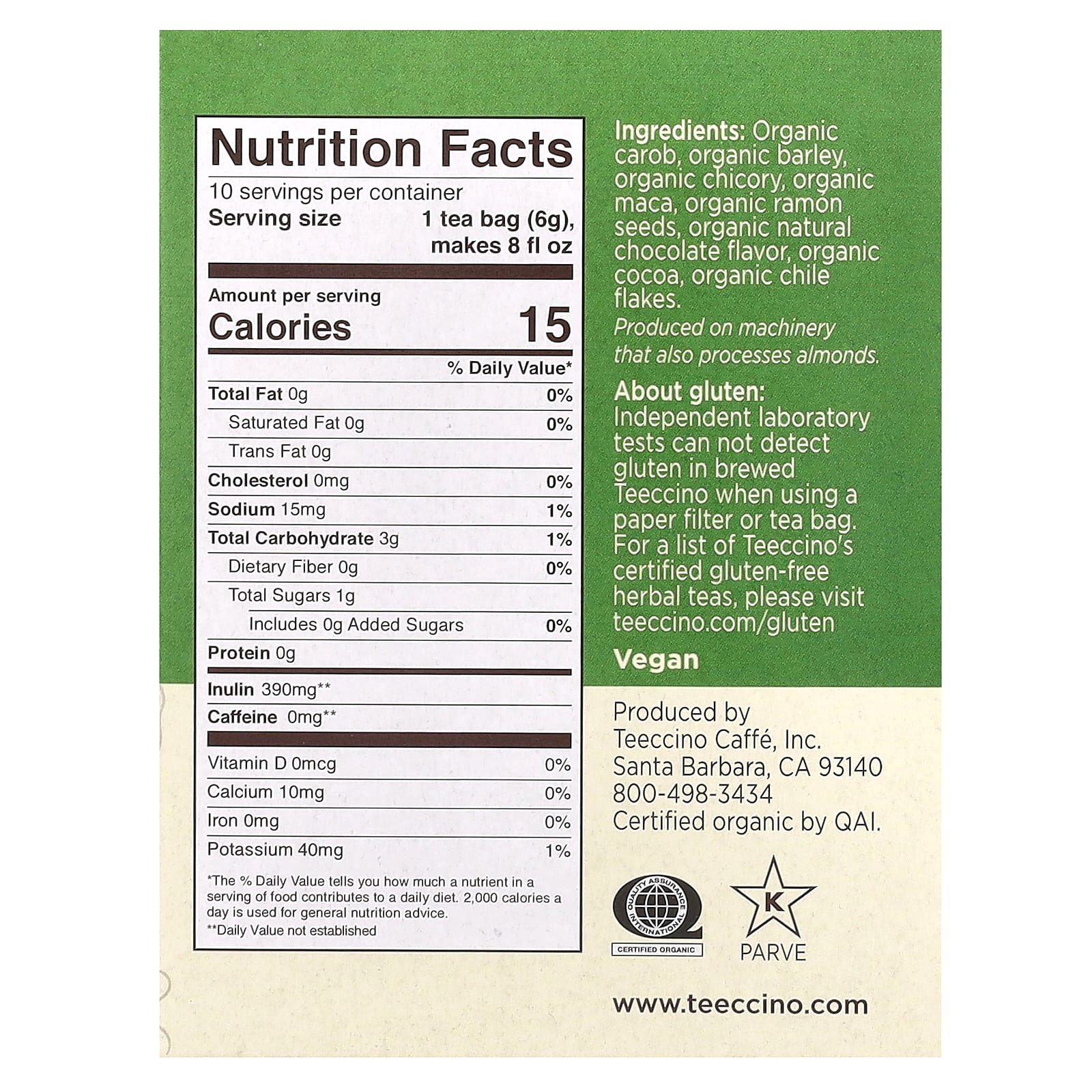 Teeccino, Органический обжаренный травяной чай, шоколад с мака, без кофеина, 10 чайных пакетиков, 60 г (2,12 унции)