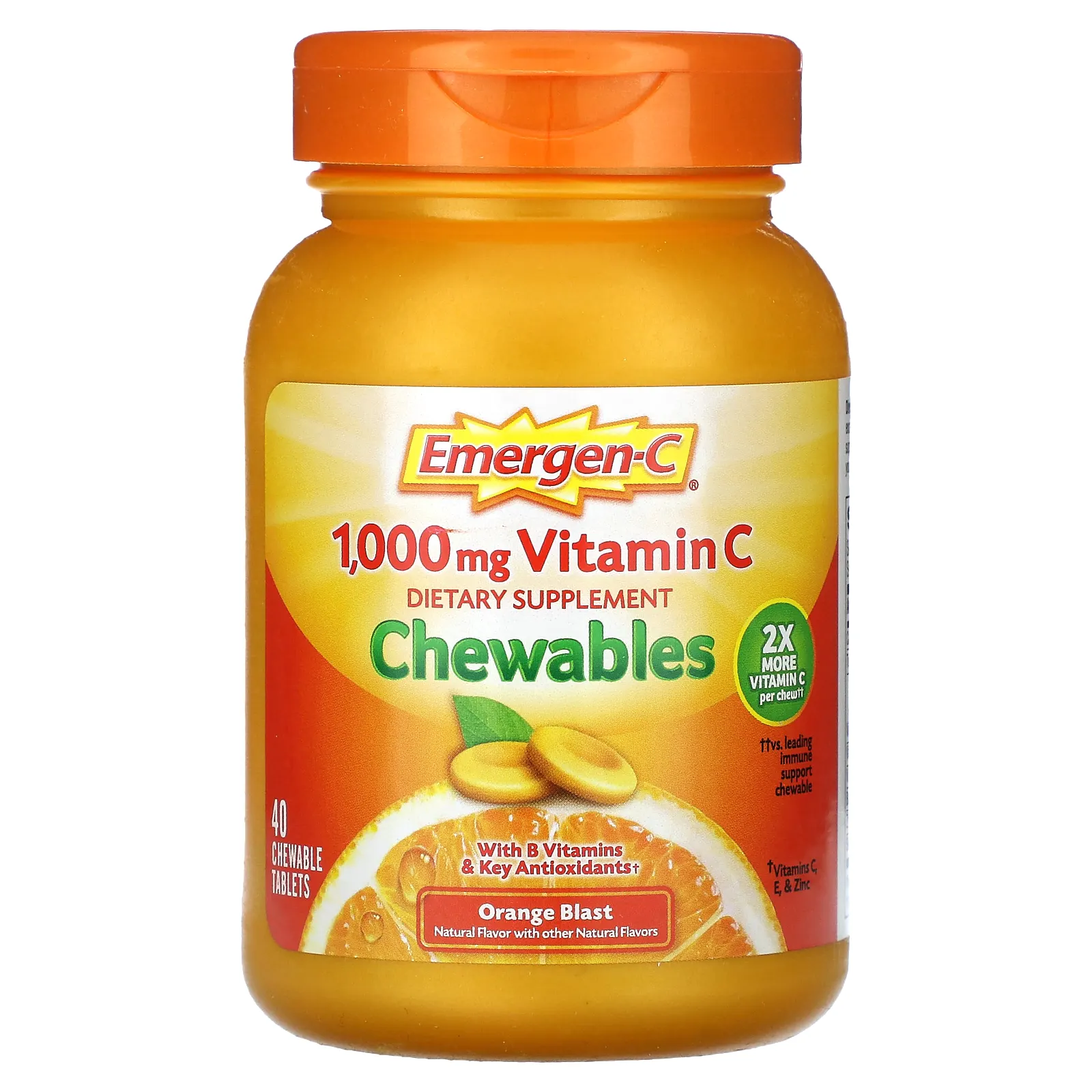 Emergen-C, жевательные таблетки с витамином C, со вкусом апельсина, 1000 мг, 40 жевательных таблеток (500 мг в 1 таблетке)