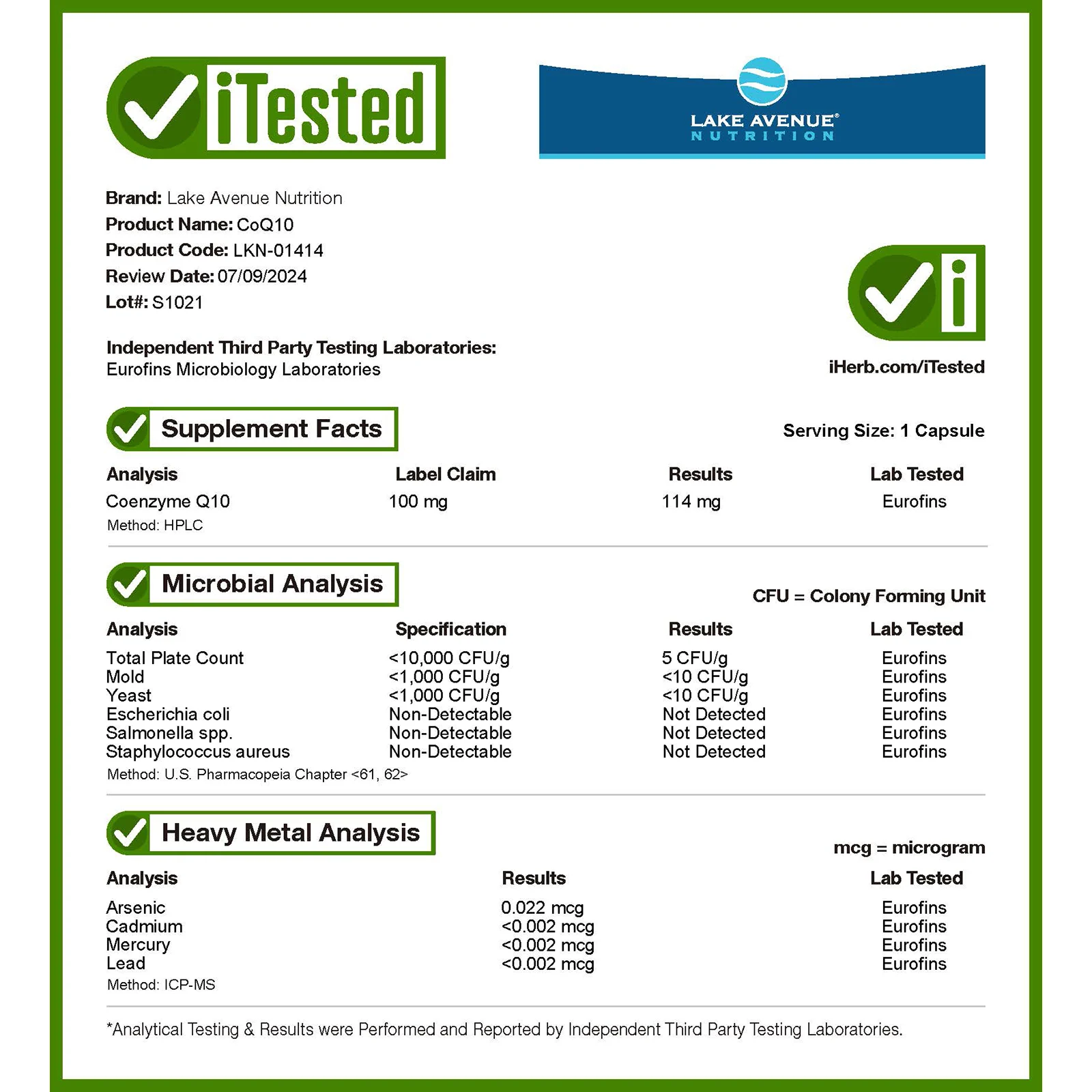 Lake Avenue Nutrition, коэнзим Q10, убихинон класса USP, 100 мг, 120 растительных капсул