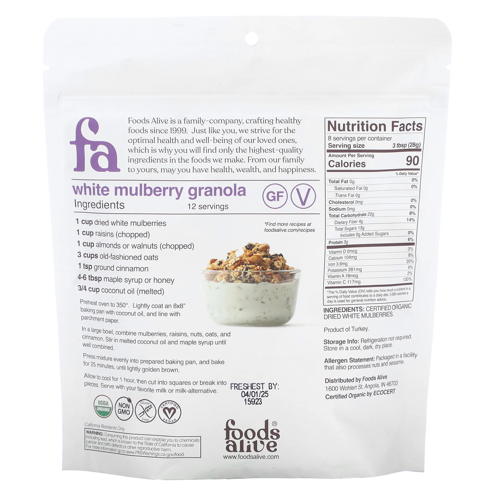 Foods Alive, органическая белая шелковица, сушеная, 227 г (8 унций)