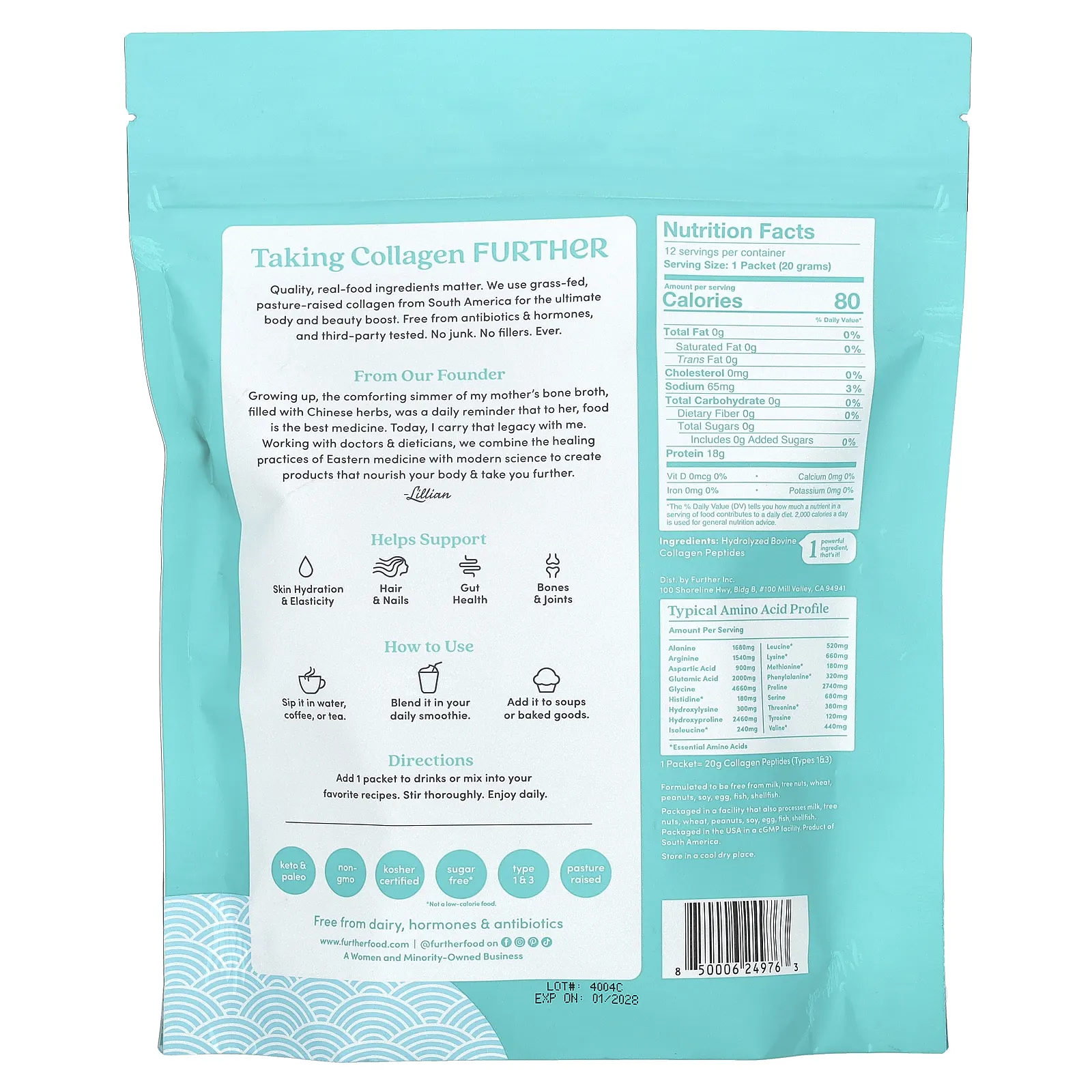 Further Food, Пептиды коллагена от травяного откорма, без добавок, 12 пакетиков по 20 г (0,71 унции)