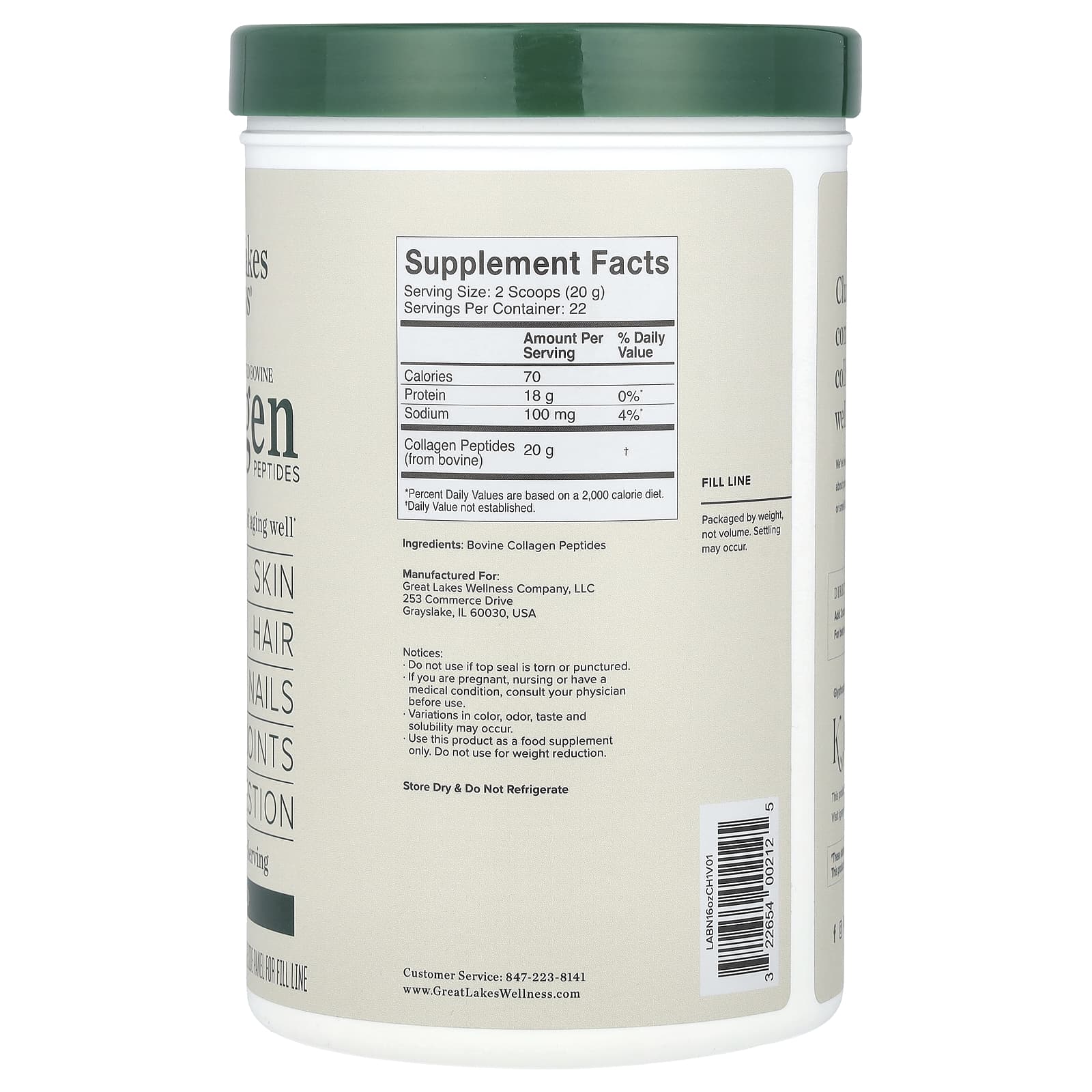 Great Lakes Wellness, Быстрорастворимые пептиды коллагена, Daily Wellness, без добавок, 454 г (16 унций)