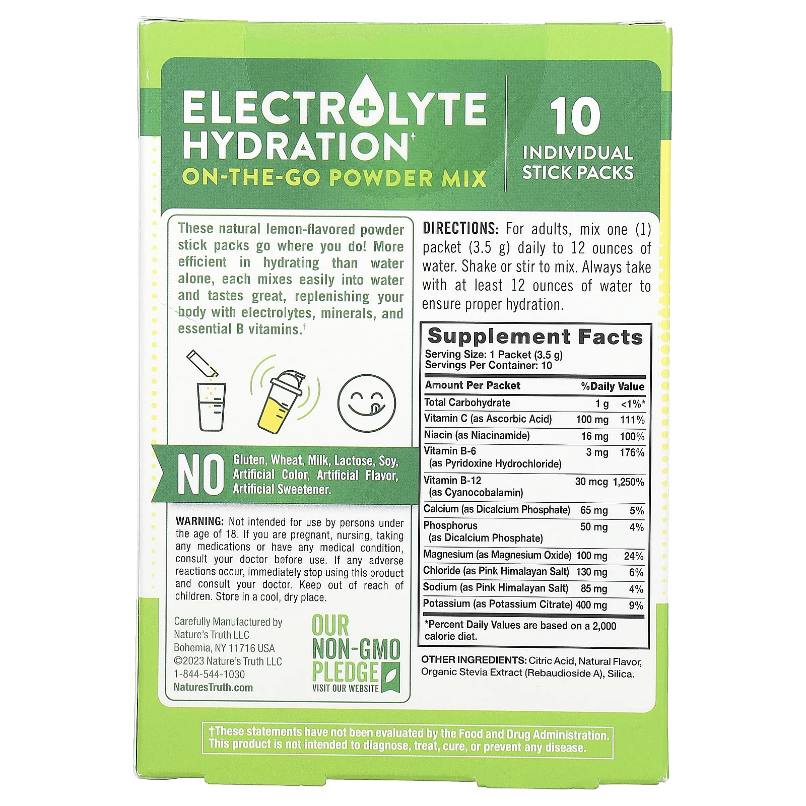 Nature's Truth, Electrolyte Hydration + B Vitamins, On-The-Go Powder Mix, Lemon, 10 Individual Stick Packs 0.123 oz (3.5 g) Each