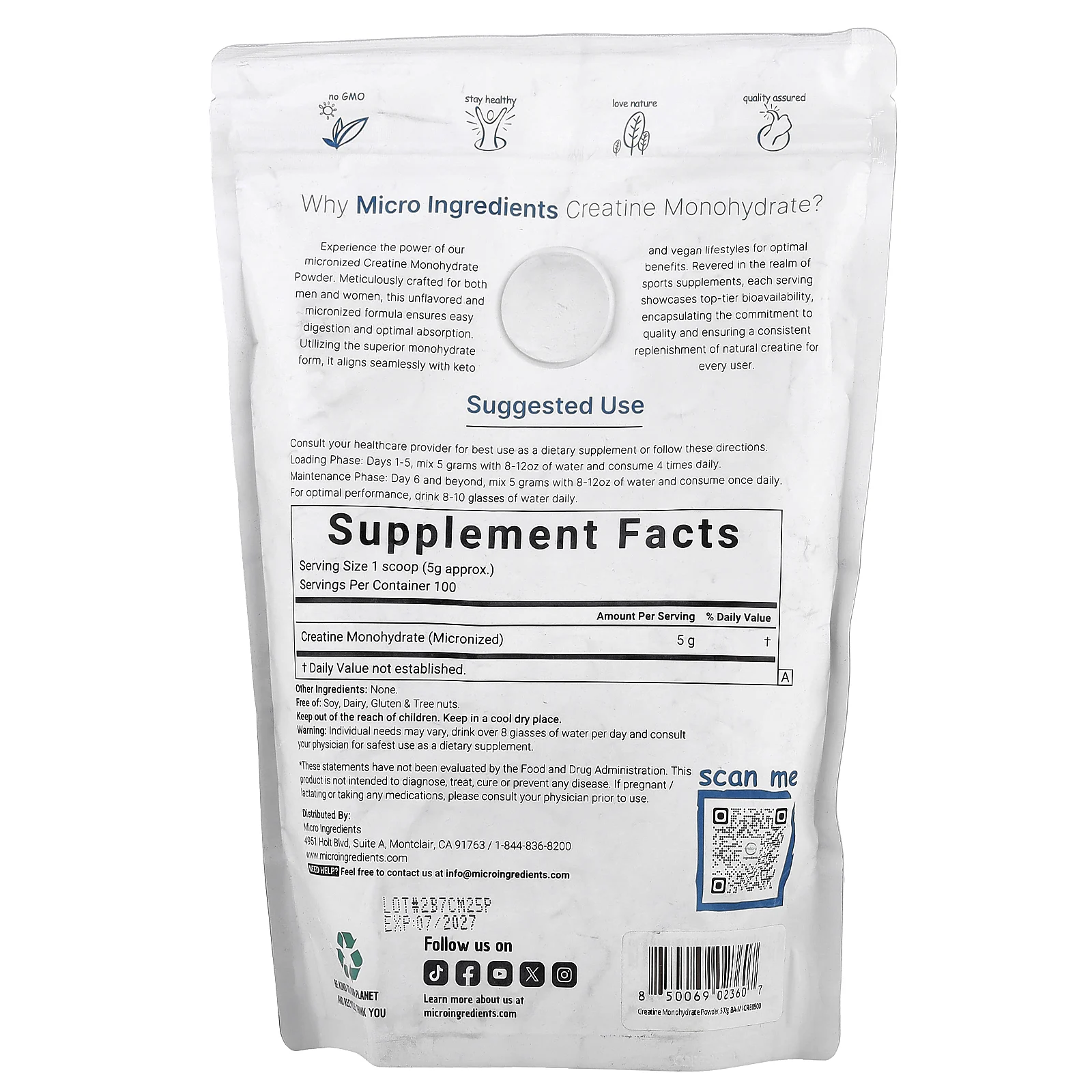 Micro Ingredients, Моногидрат креатина, без добавок, 500 г (1,1 фунта)