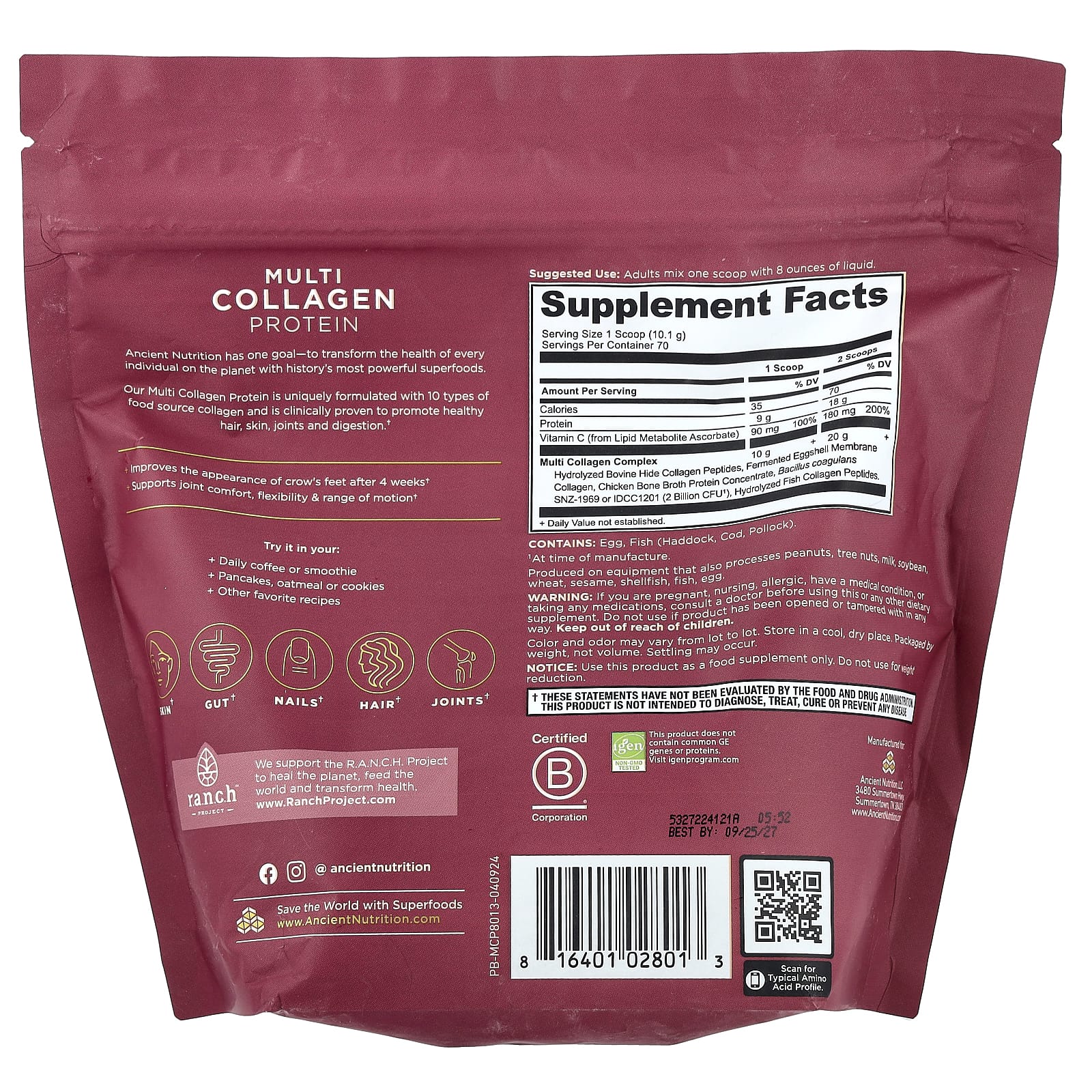 Ancient Nutrition, протеин с коллагеном нескольких типов, 707 г (1,56 фунта)