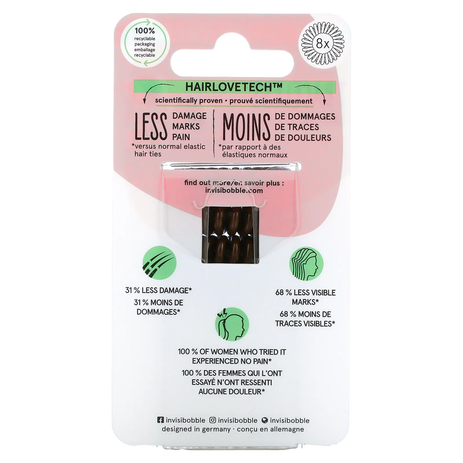 Invisibobble, Original, бесследное кольцо для волос, кристально чистый / коричневый, 8 шт. / Упк.