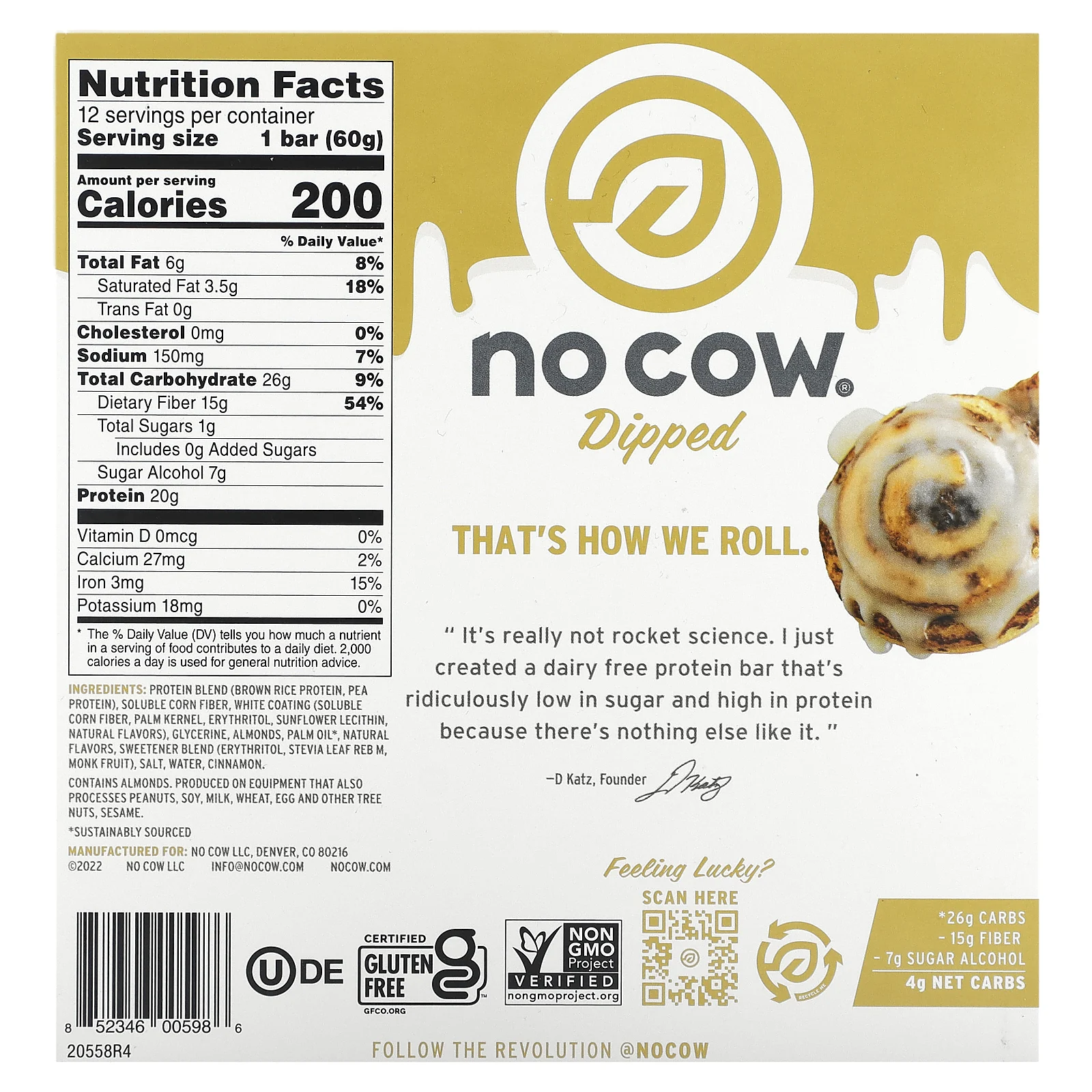 No Cow, Протеиновый батончик, булочка с корицей, 12 батончиков, 60 г (2,12 унции)