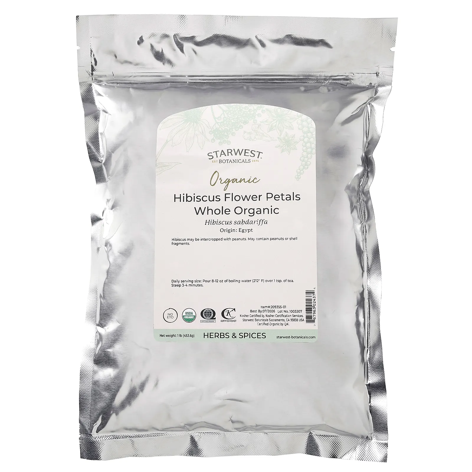 Starwest Botanicals, Органические лепестки цветов гибискуса, 453,6 г (1 фунт)