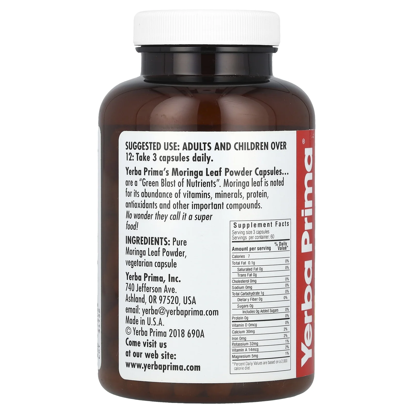 Yerba Prima, моринга в капсулах, 400 мг, 180 вегетарианских капсул