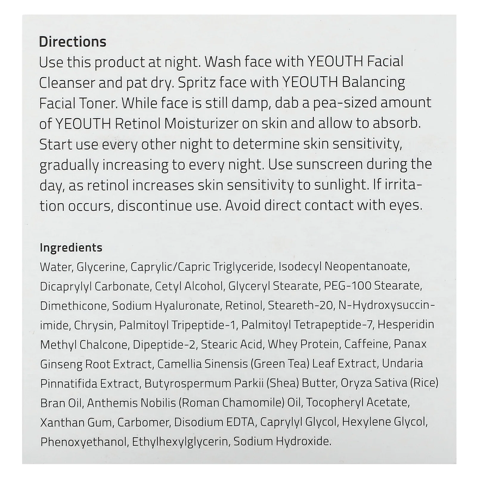 YEOUTH, увлажняющий крем с ретинолом, гиалуроновой кислотой, женьшенем, зеленым чаем, 118 мл (4 жидк. унции)