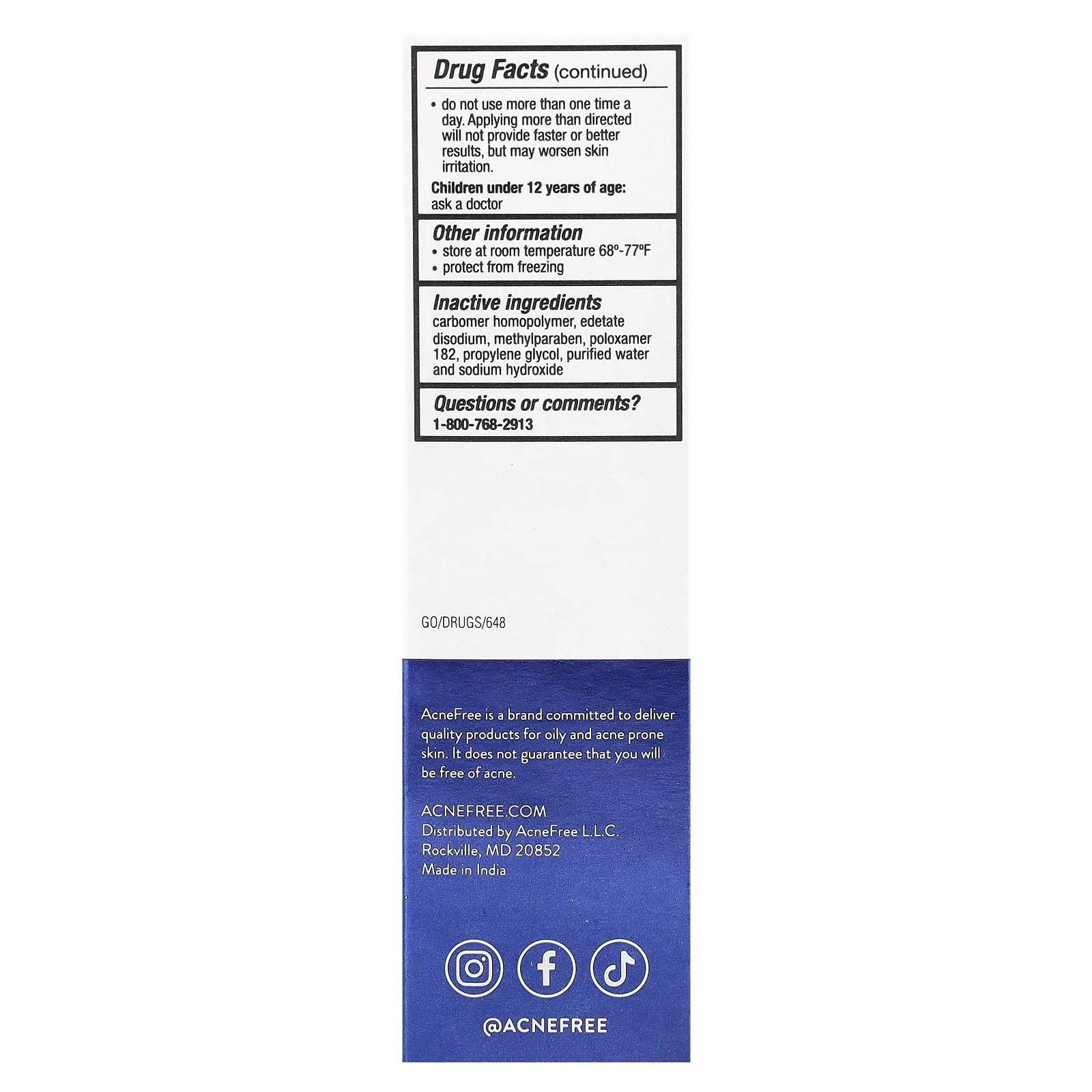 ACNE FREE, Гель адапален USP, 0,1%, средство от акне, 15 г (0,5 унции)