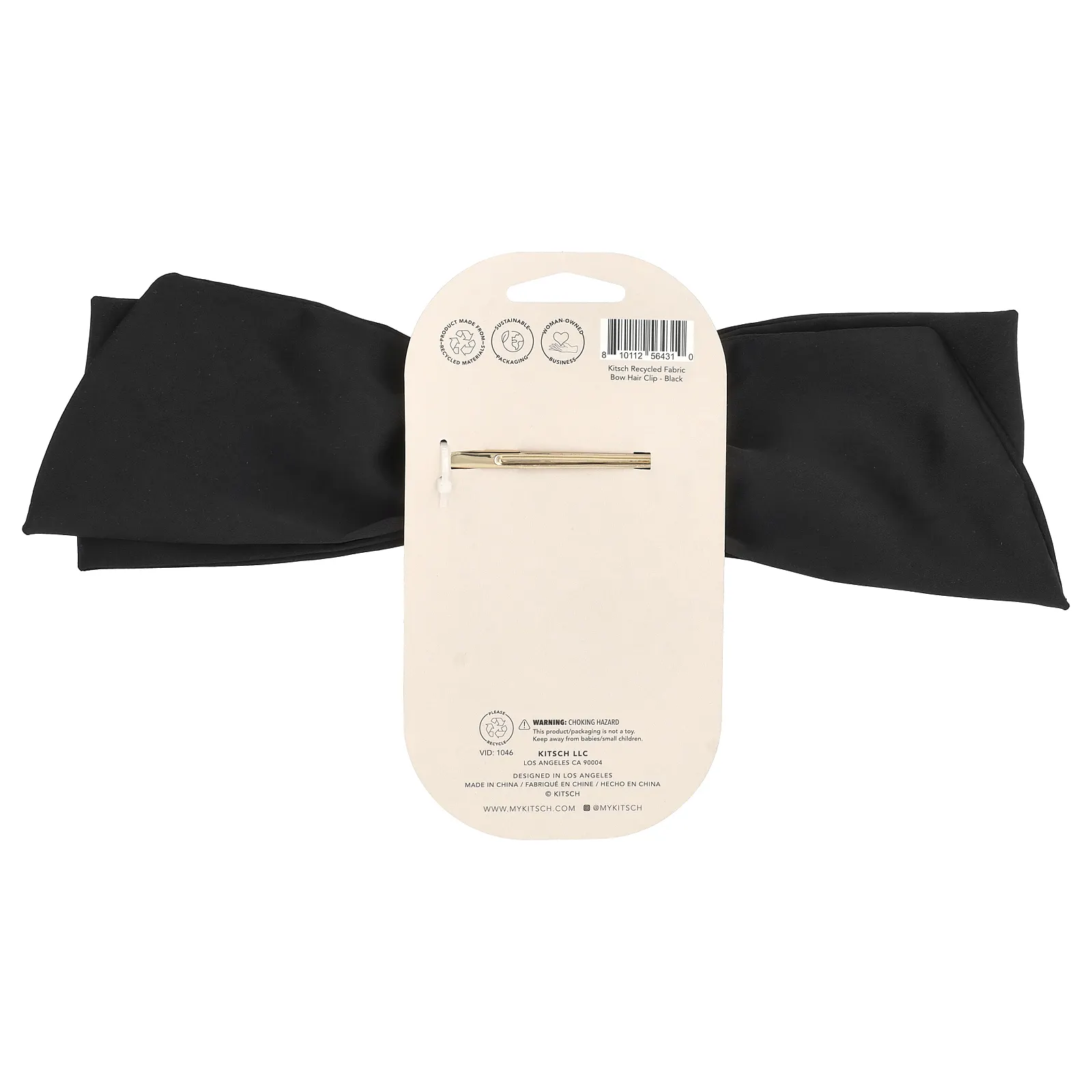 Kitsch, Заколка для волос с бантом из переработанной ткани, черная`` 1 заколка