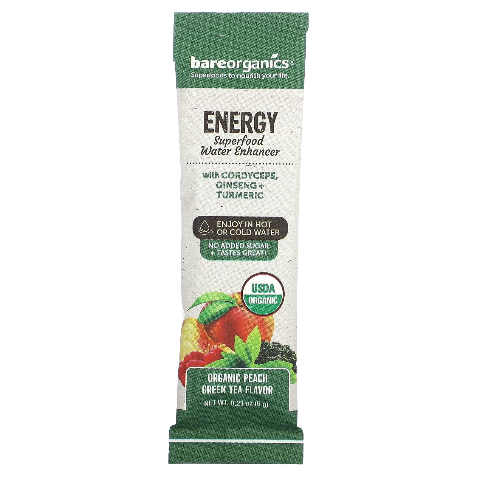 BareOrganics, Energy, Superfood Water Enhancer, органический зеленый чай с персиком, 12 пакетиков в стиках по 6 г (0,21 унции)