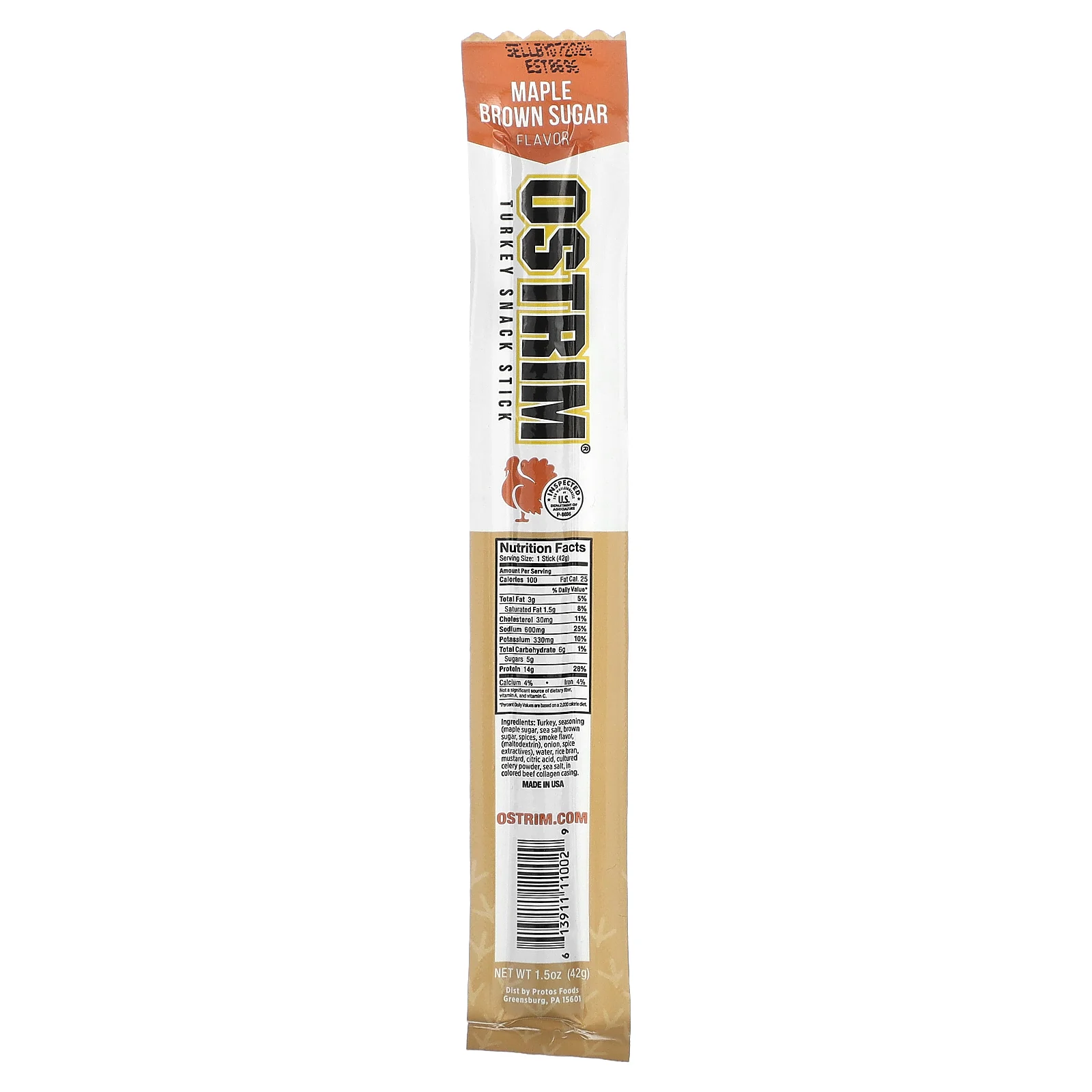 Ostrim, Стики с индейкой, кленовый коричневый сахар, 1 палочка, 42 г (1,5 унции)