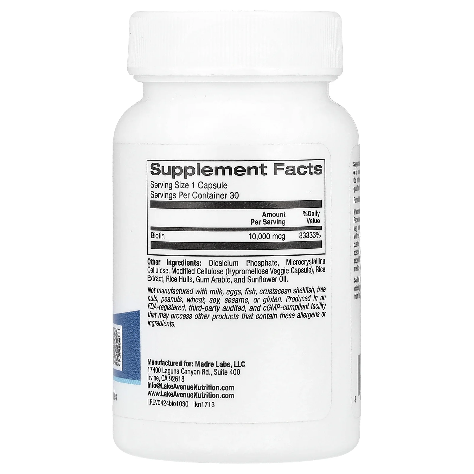 Lake Avenue Nutrition, Биотин, 10 000 мкг, 30 растительных капсул