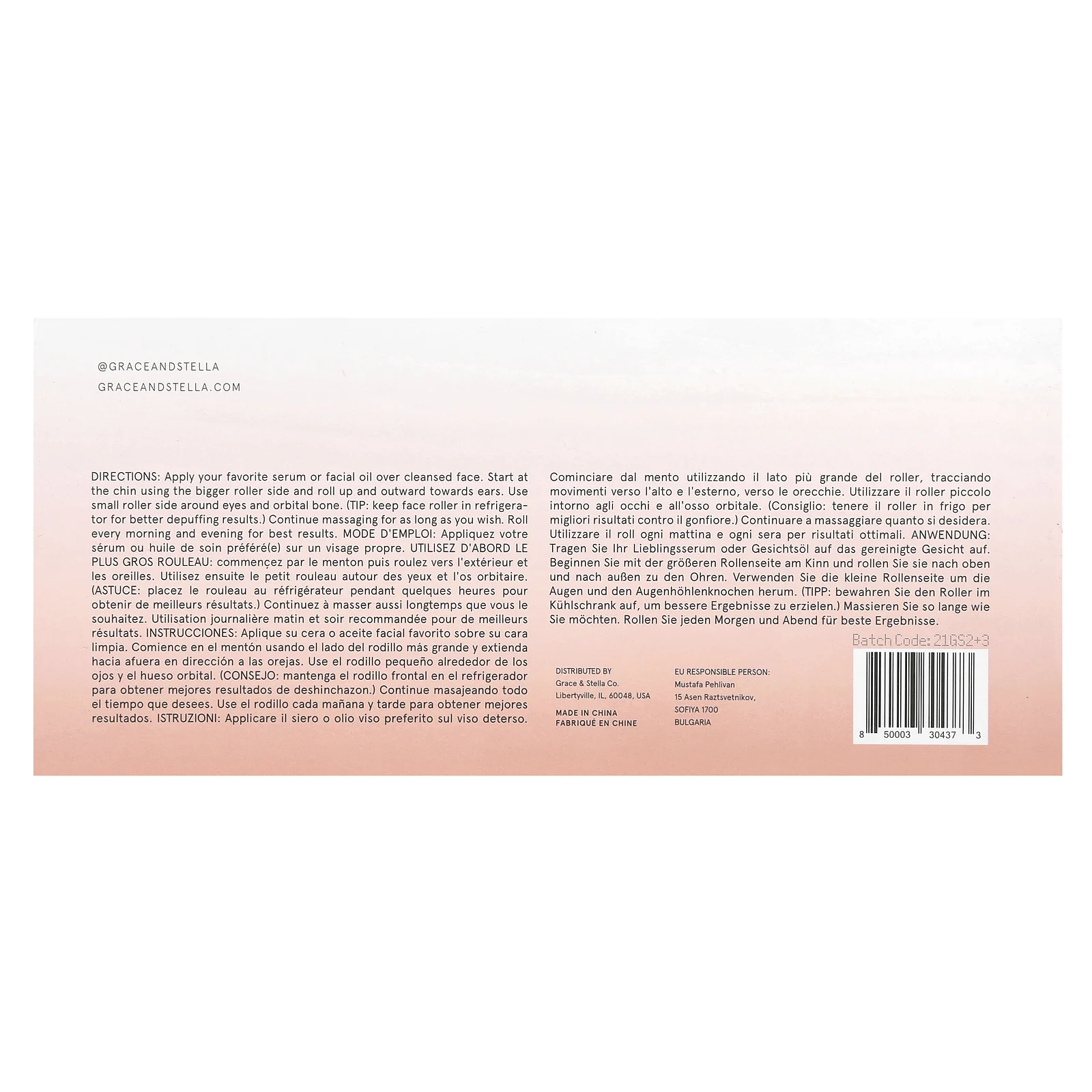 Grace & Stella, массажный валик для лица из розового кварца, 1 шт.