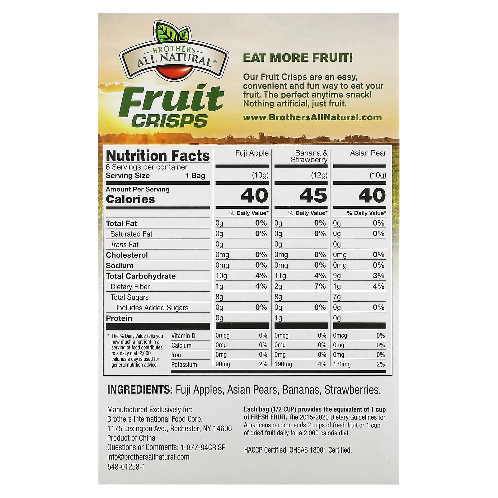 Brothers-All-Natural, фруктовые чипсы, ассорти, 6 пакетиков с одной порцией, 64 г (2,26 унции)