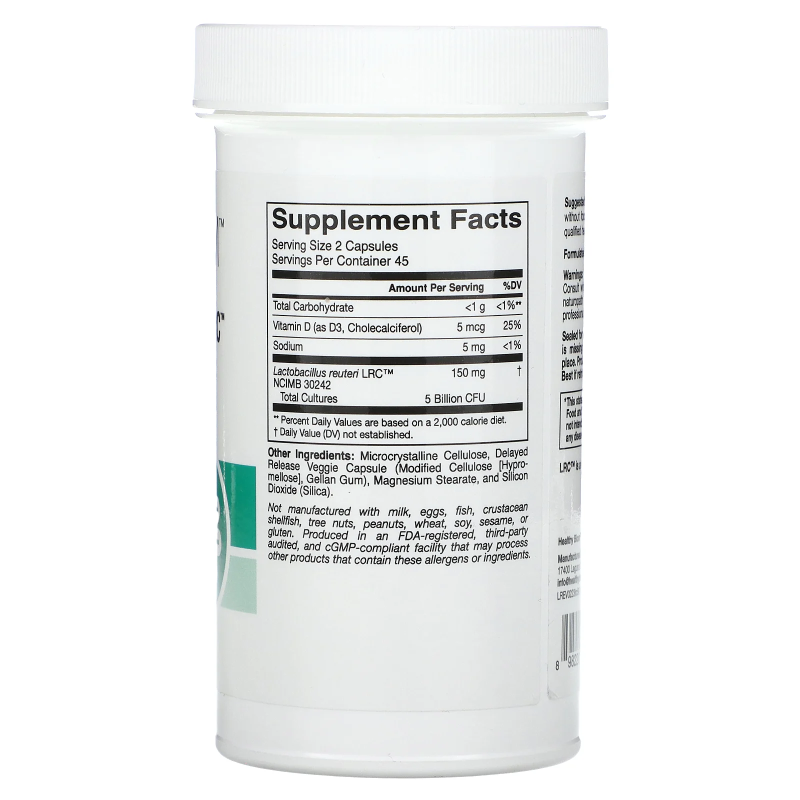 HealthyBiom, лактобактерии реутери (Lactobacillus reuteri) LRC с витамином D, 5 млрд КОЕ, 90 растительных капсул