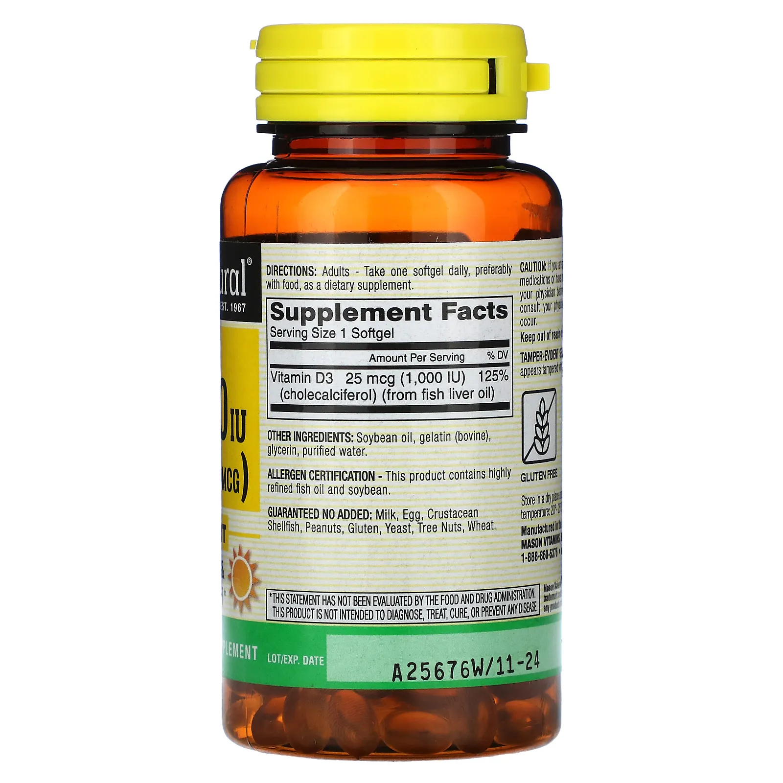 Mason Natural, витамин D3, 25 мкг (1000 МЕ), 120 капсул