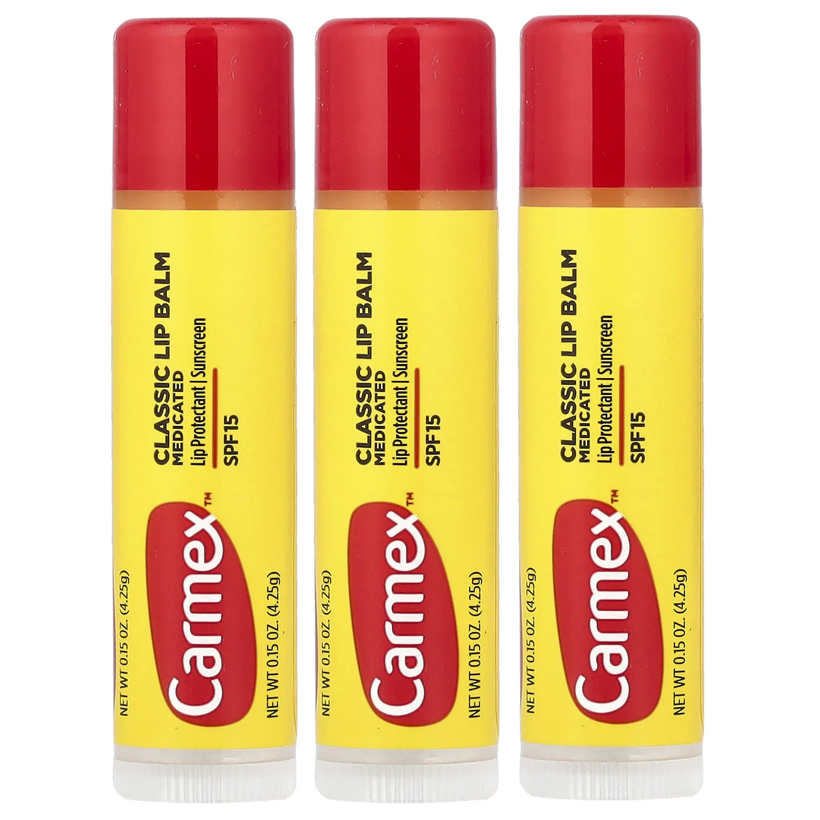 Carmex, классический бальзам для губ, лечебный, SPF 15, 3 стика по 4,25 г (0,15 унции)