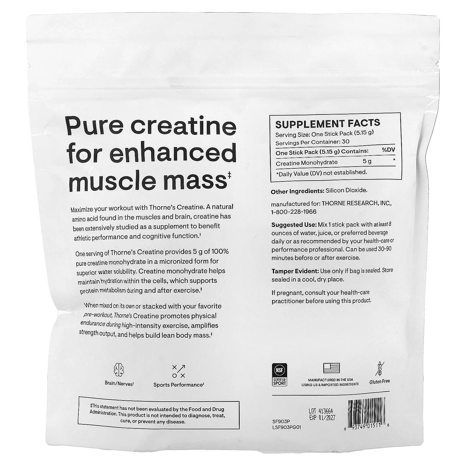 Thorne, креатин, 30 стиков по 5,15 г (0,18 унции)