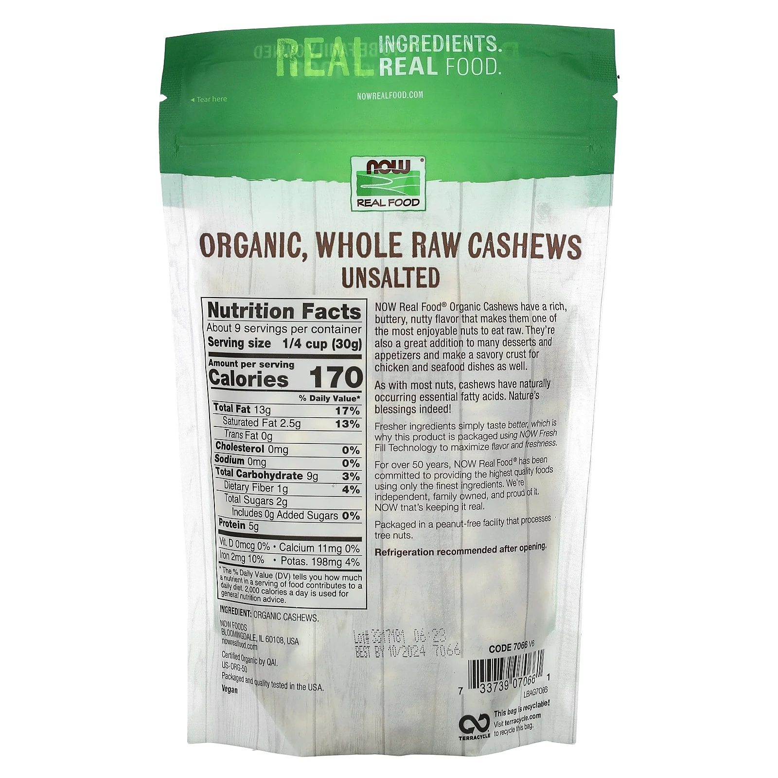 NOW Foods, Real Food, органические сырые орехи кешью, целые, несоленые, 284 г (10 унций)