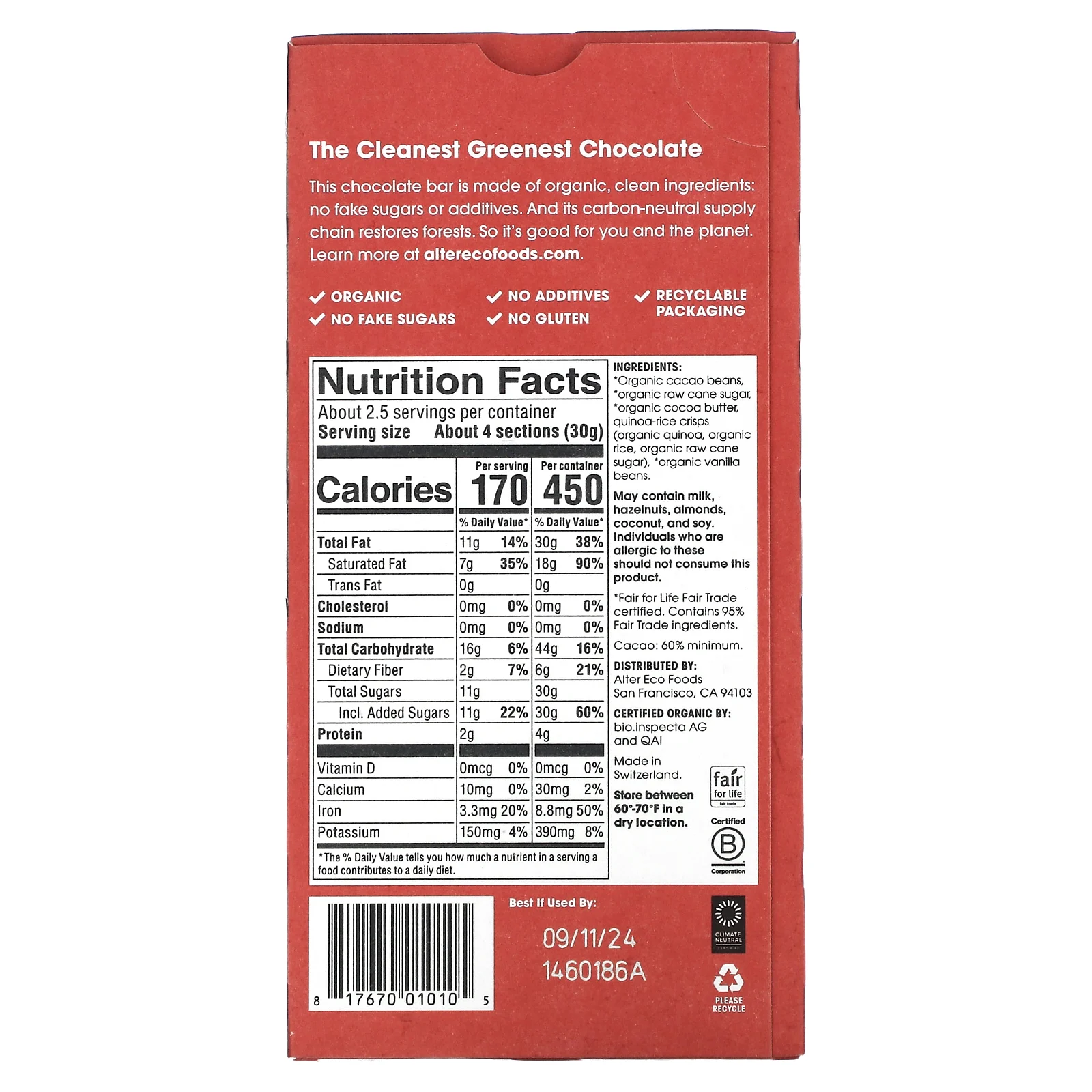 Alter Eco, органический темный шоколад, плитка из киноа, 60% какао, 80 г (2,82 унции)