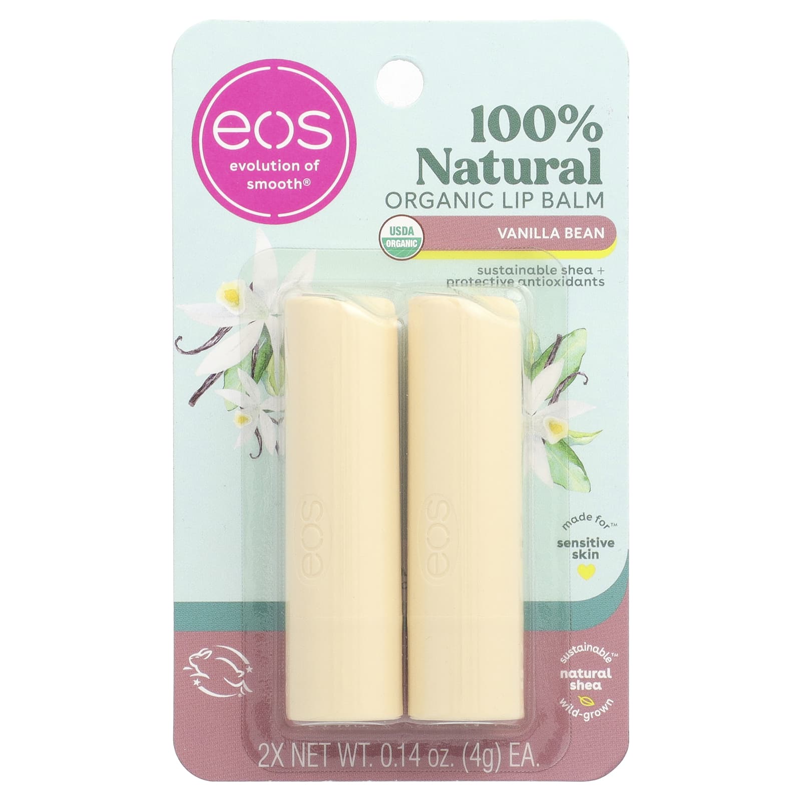 EOS, 100% органический натуральный бальзам для губ с ши, ванильные бобы, 2 шт. в упаковке, 4 г (0,14 унции)