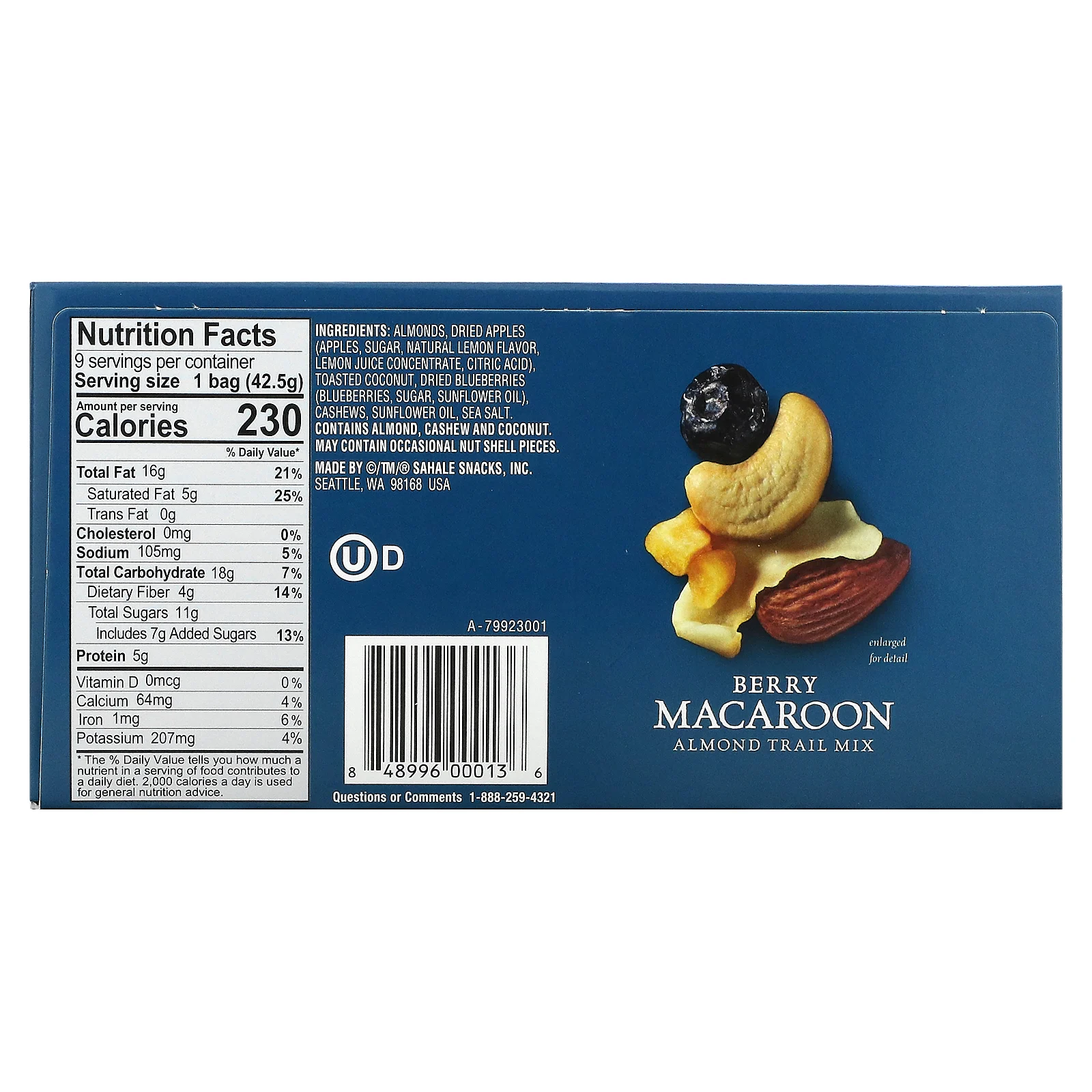 Sahale Snacks, смесь миндаля, орехов и сухофруктов, ягодный макарун, 9 пакетиков по 42,5 г (1,5 унции)