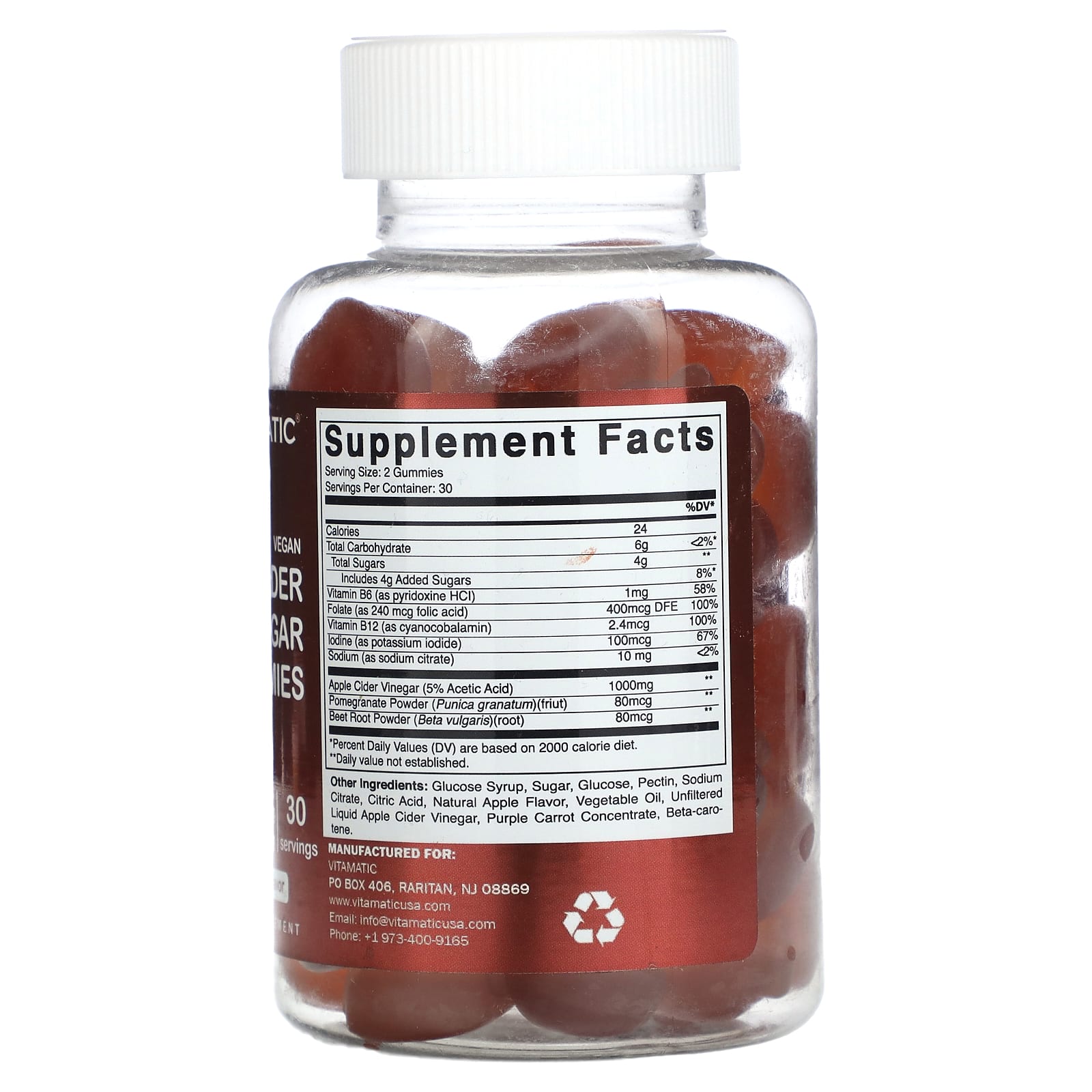 Vitamatic, веганский яблочный уксус, со вкусом натурального яблока, 1000 мг, 60 жевательных мармеладок (500 мг в 1 жевательной мармеладке)