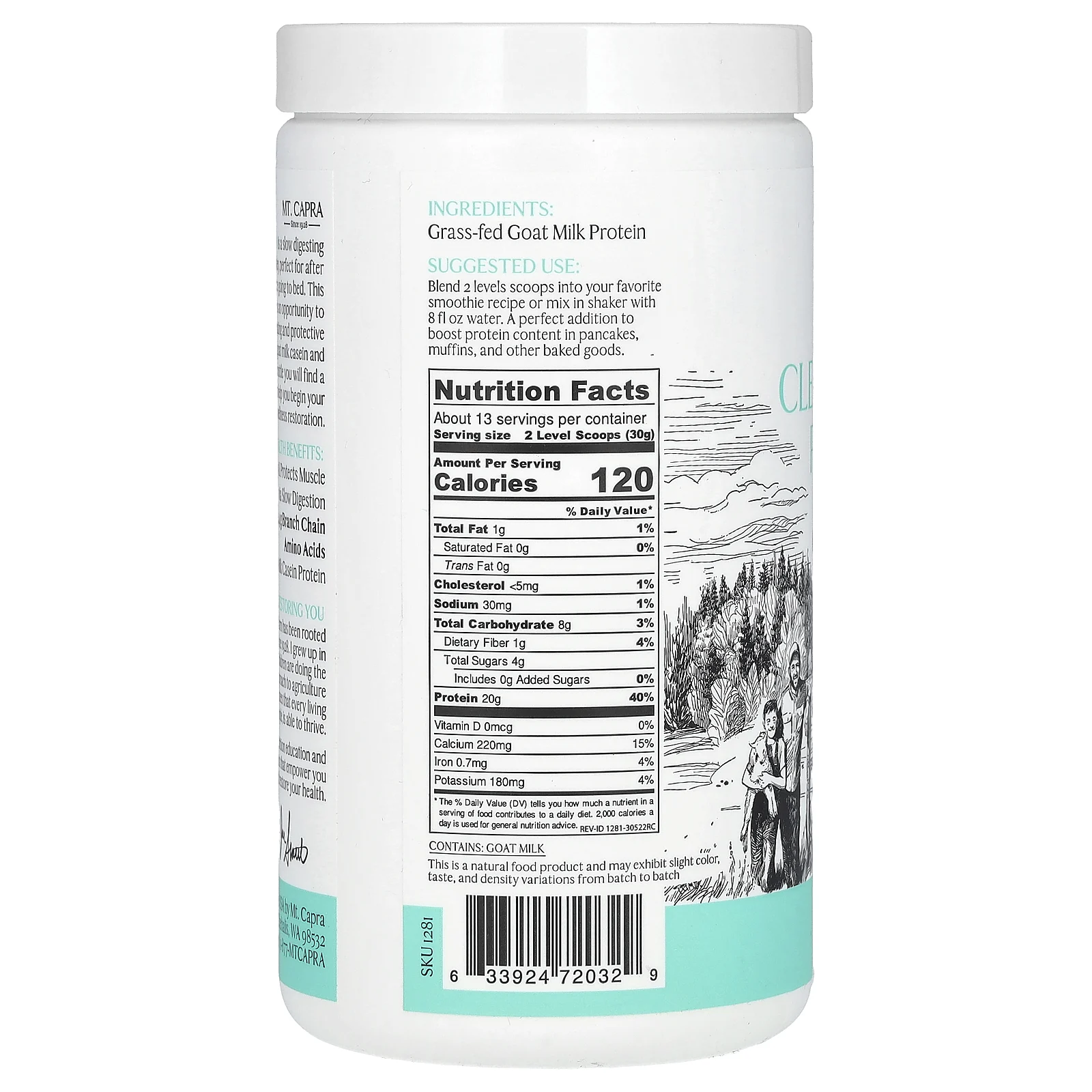 Mt. Capra, Чистый цельный протеин, без сахара, 400 г (14,1 унции)