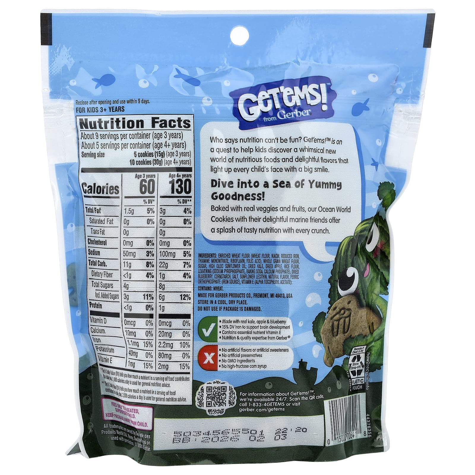 Gerber, Get'ems! ™, печенье Ocean World, для детей от 3 лет, капуста, яблоко и голубика, 142 г (5 унций)