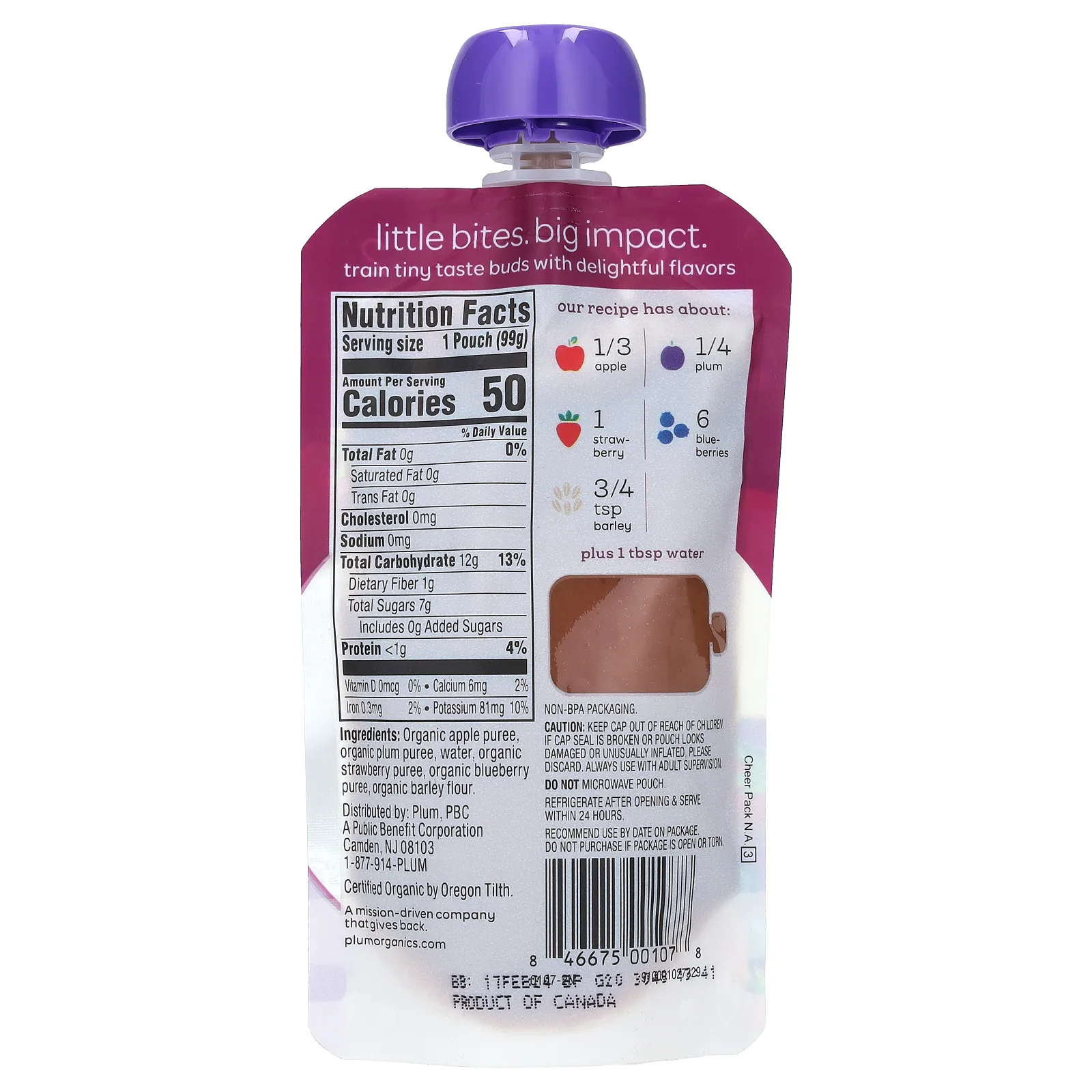 Plum Organics, органическое детское питание, этап 2, яблоко, слива, ягоды и ячмень, 99 г (3,5 унции)