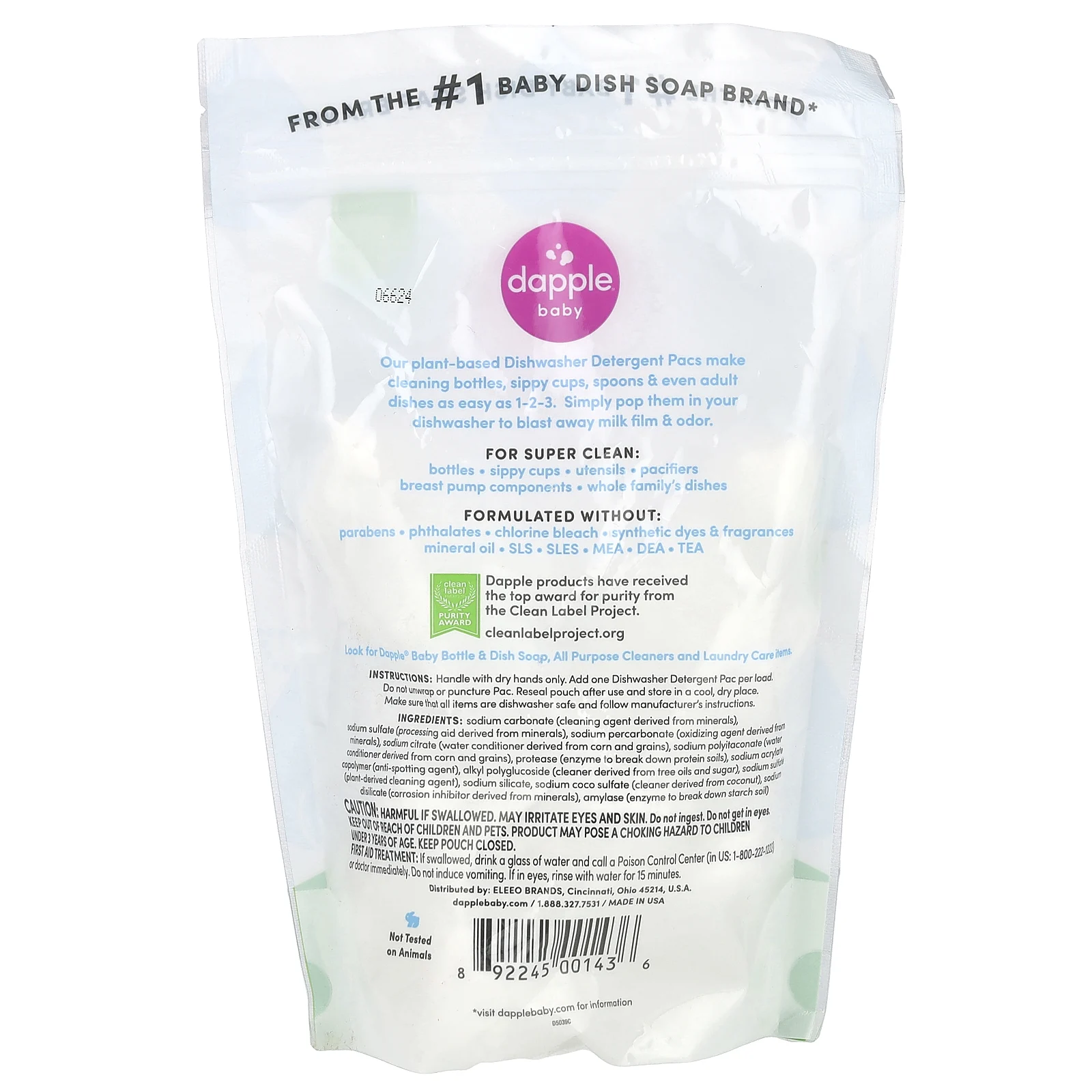 Dapple Baby, Dishwasher Detergent Pacs, Fragrance Free, 25 Pacs, 15.9 oz (450 g)