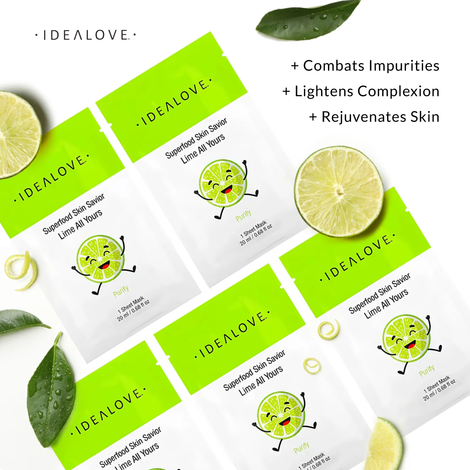 Idealove, Superfood Skin Savior, маска с суперфудами, лайм, 5 шт. по 20 мл (0,68 жидк. унции)
