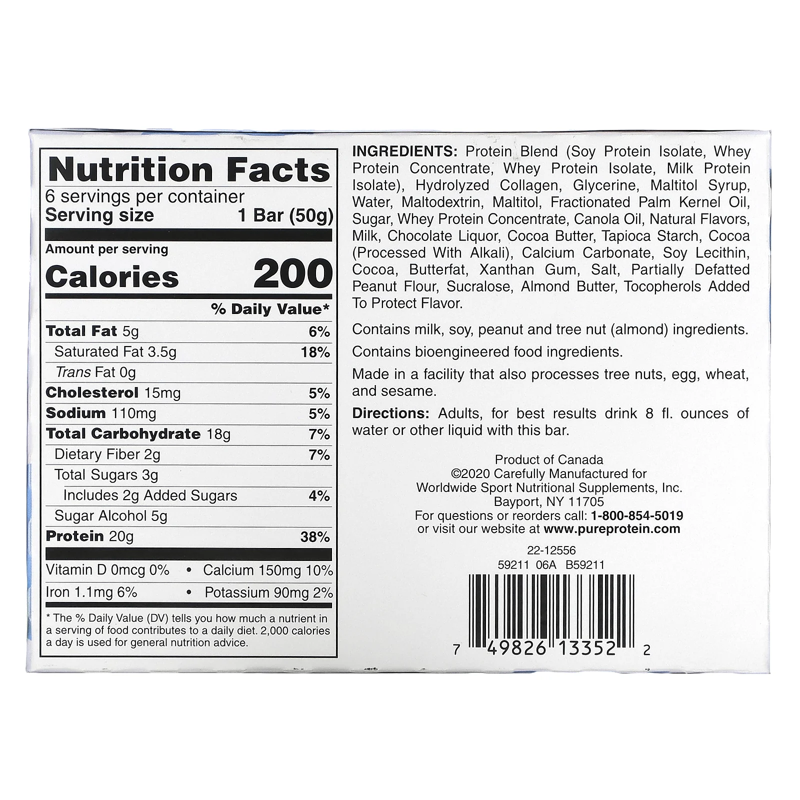 Pure Protein, Жевательный батончик с шоколадной крошкой, 6 батончиков, 1,76 унции (50 г) каждый