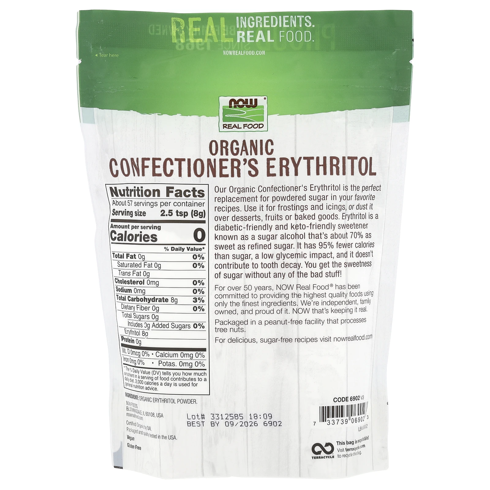 NOW Foods, Real Food, органический кондитерский эритритол, 454 г (1 фунт)
