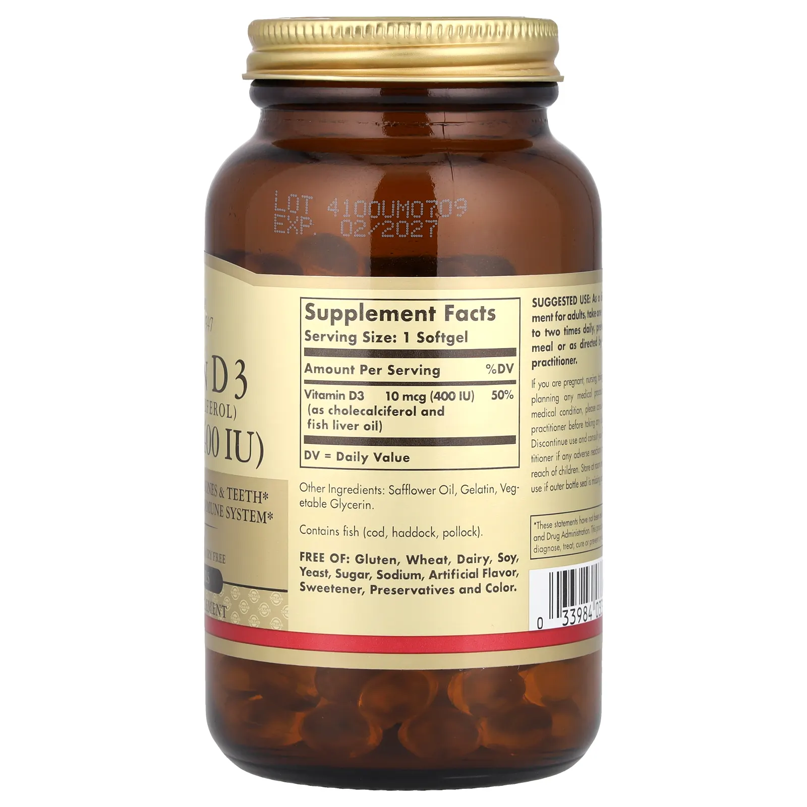 Solgar, Витамин D3 (холекальциферол), 400 МЕ, 250 мягких желатиновых капсул