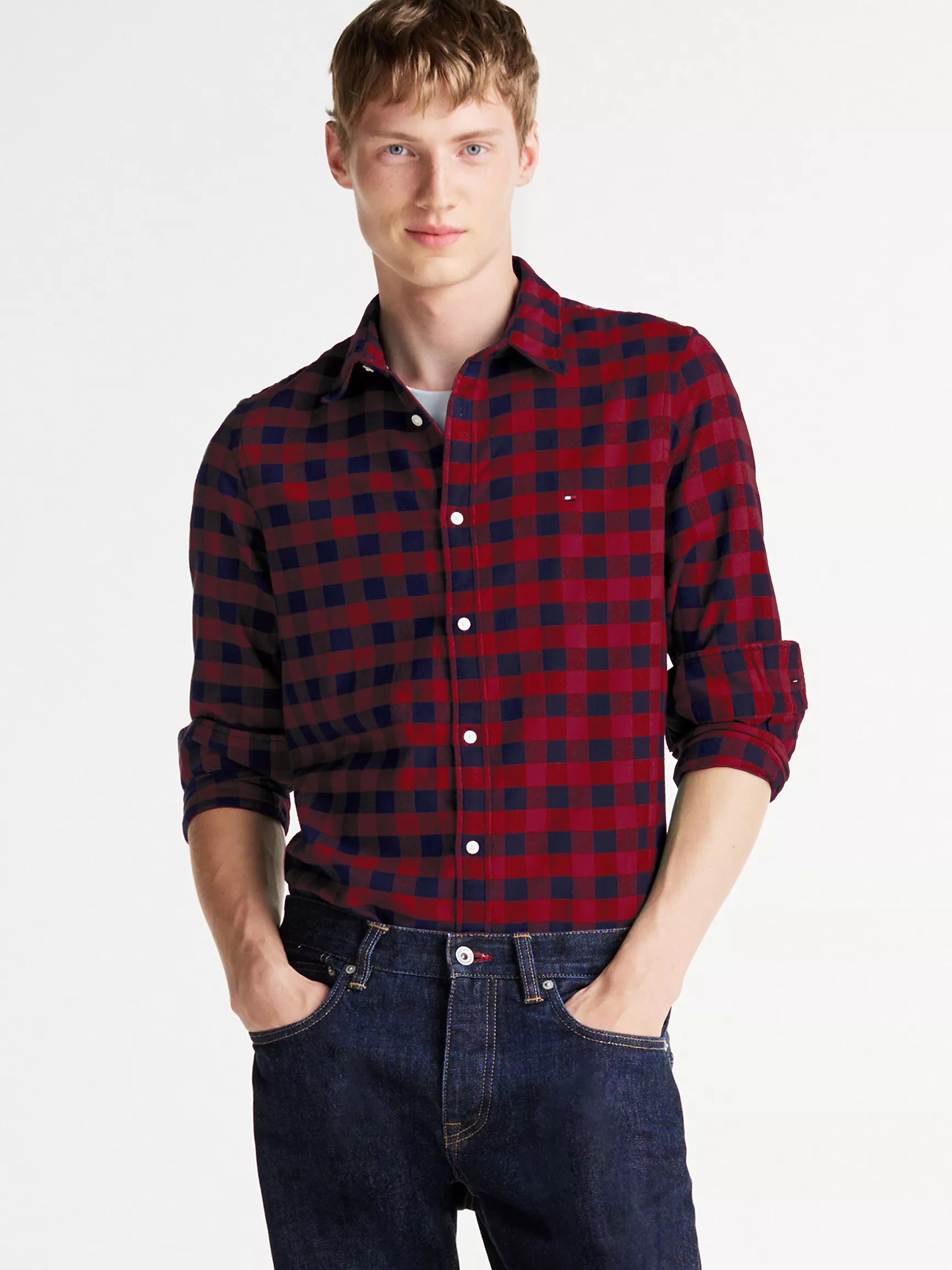 Мужская рубашка Tommy Hilfiger, Приталенная фланелевая рубашка в клетку гингем с мягкой текстурой