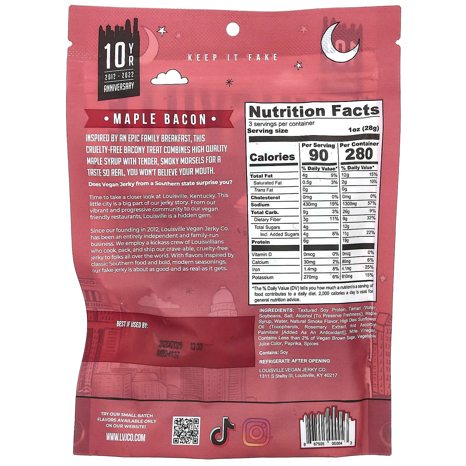 Louisville Vegan Jerky Co, Кленовый бекон, 85,05 г (3 унции)