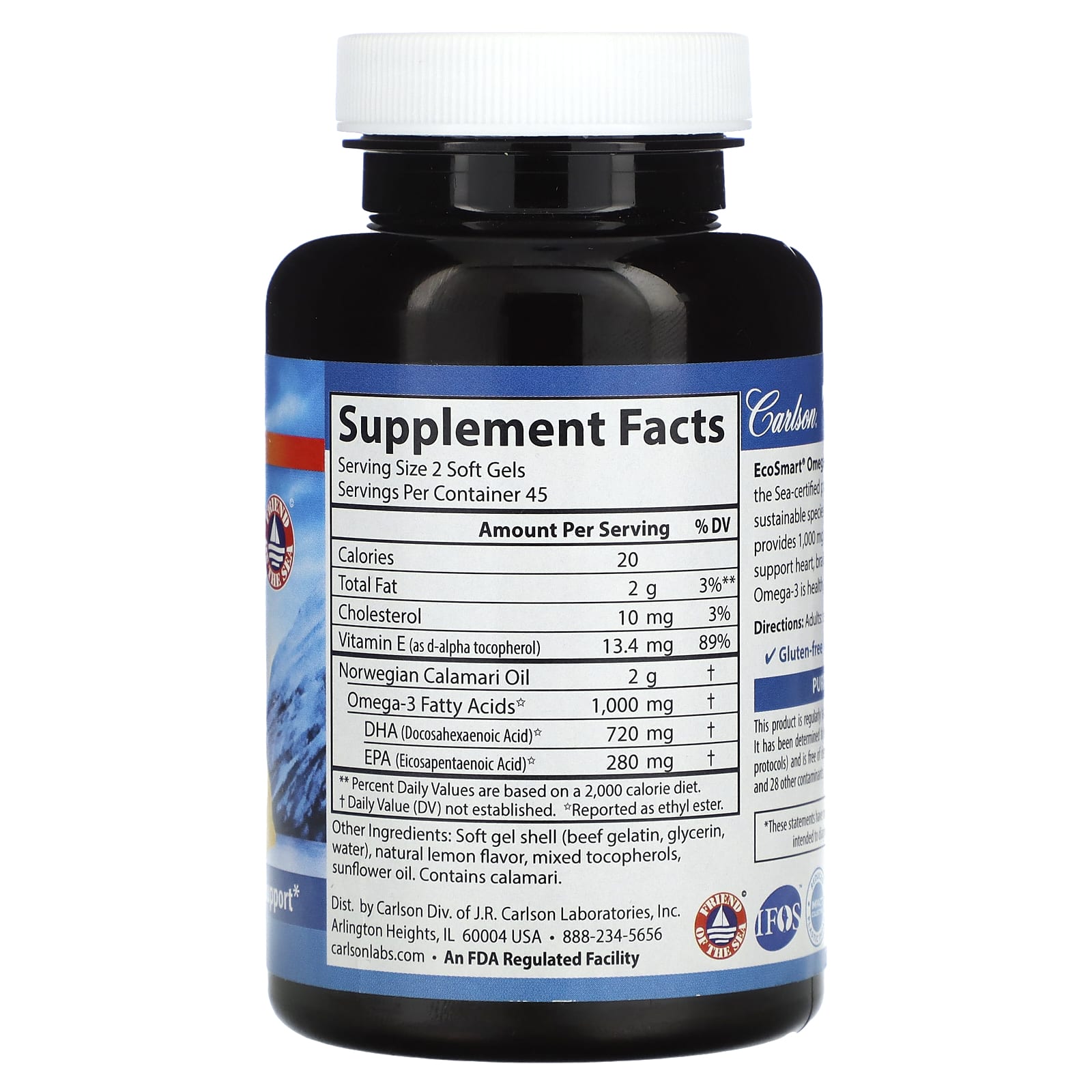 Carlson, омега-3 дикой норвежской кислоты EcoSmart, натуральный лимон, 1000 мг, 90 капсул (500 мг в 1 капсуле)