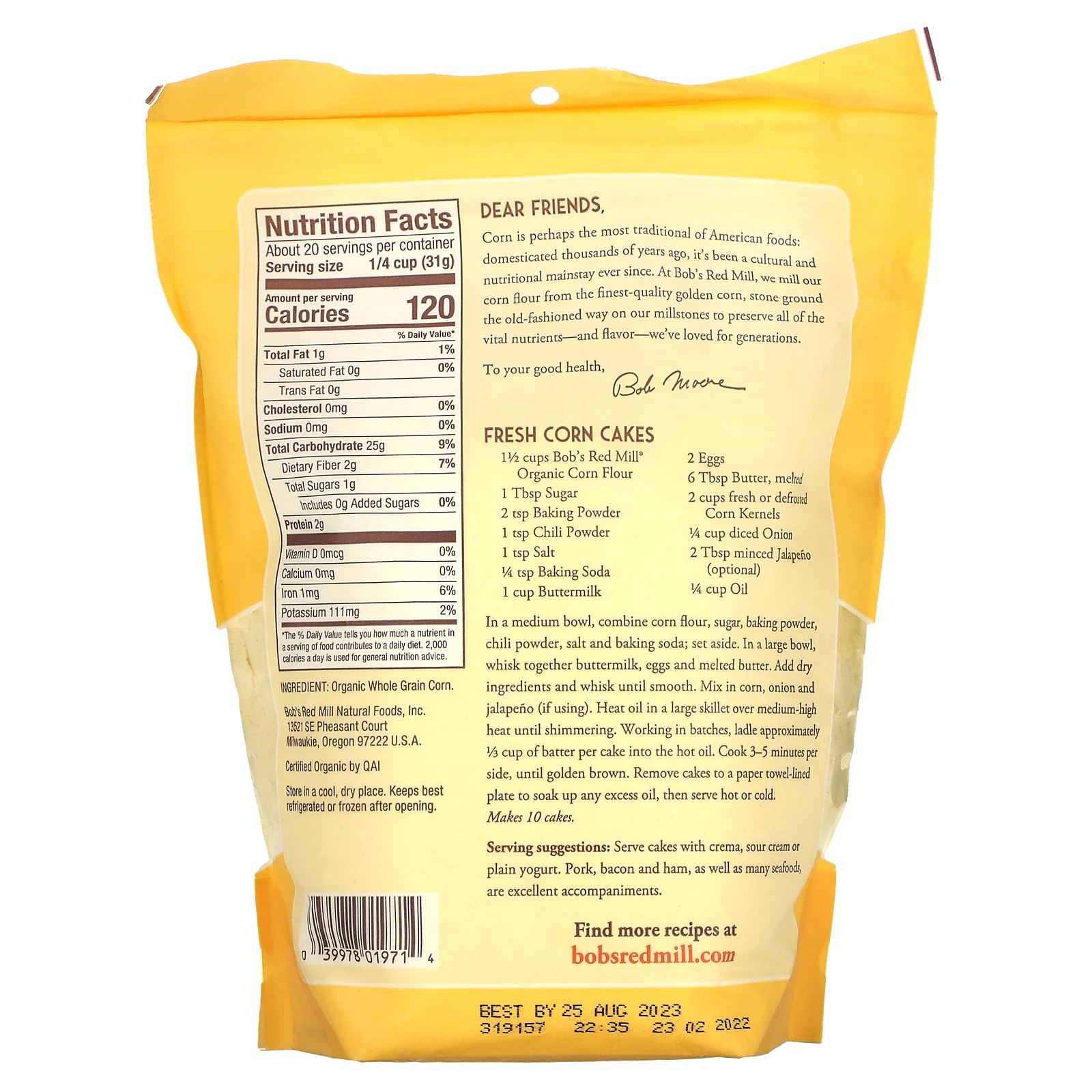 Bob's Red Mill, Органическая кукурузная мука, цельнозерновая, 624 г (22 унции)