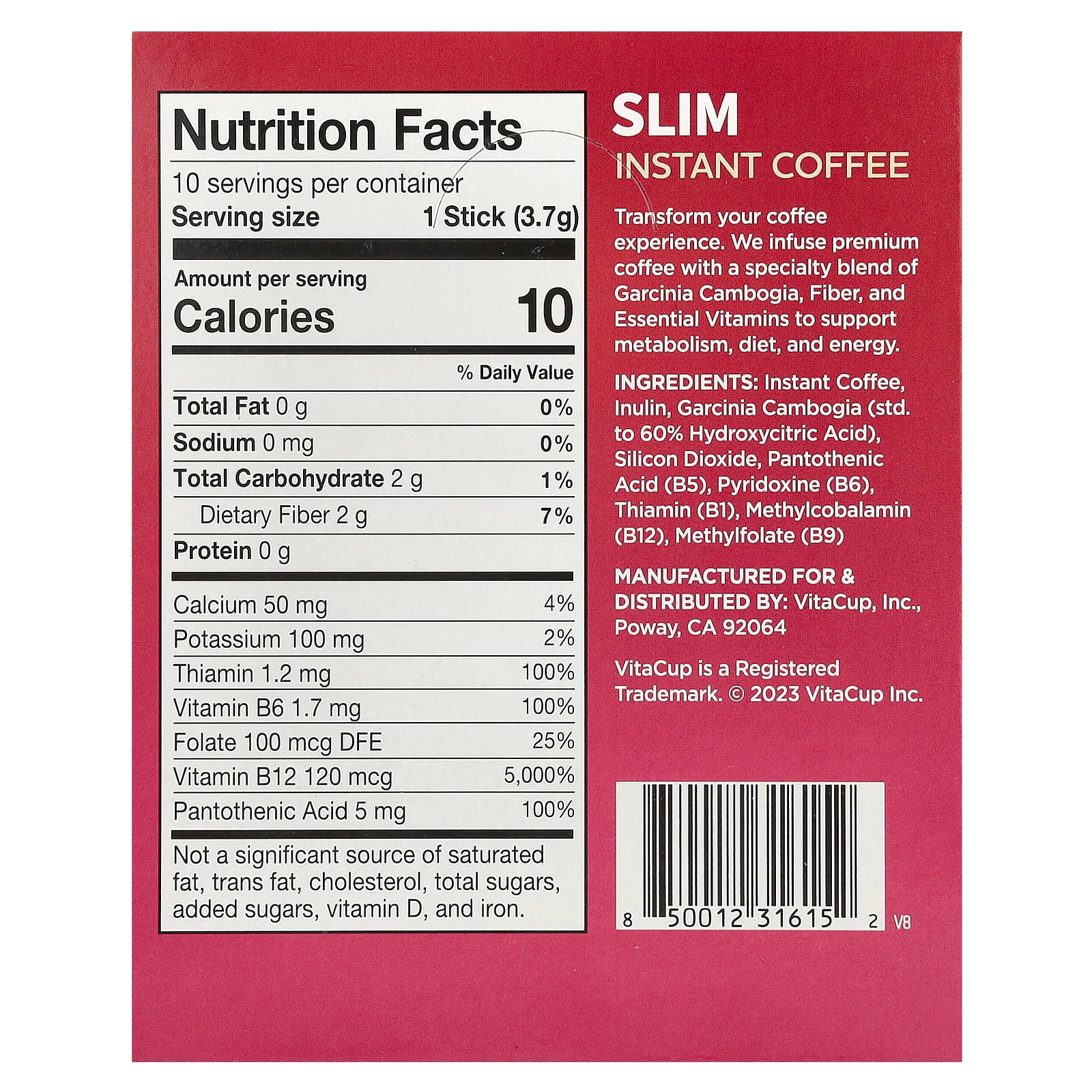 VitaCup, Растворимый кофе Slim, средней темной обжарки, 10 палочек для еды, по 3,7 г (0,13 унции) каждый