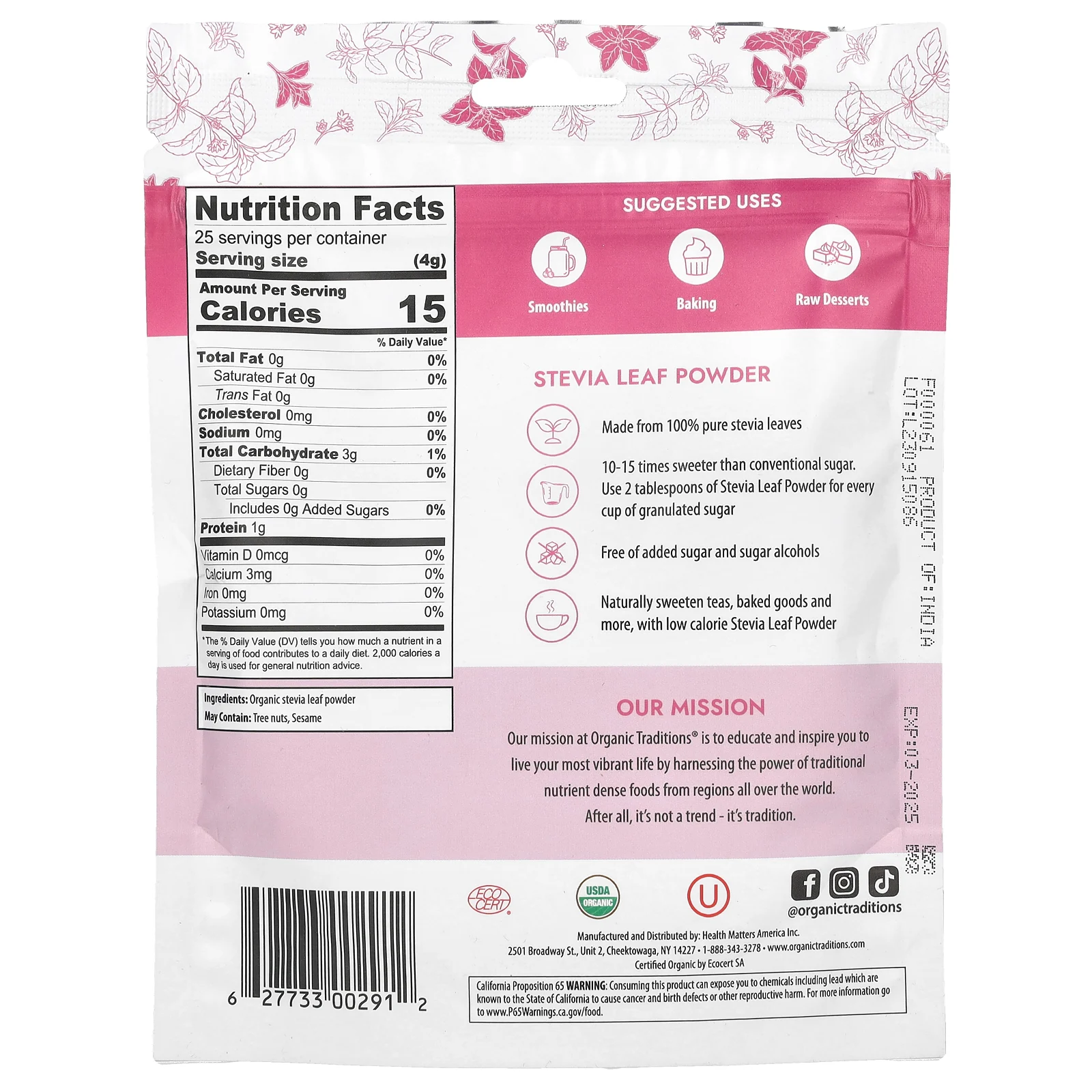Organic Traditions, Порошок листьев стевии, 3,5 унции (100 г)