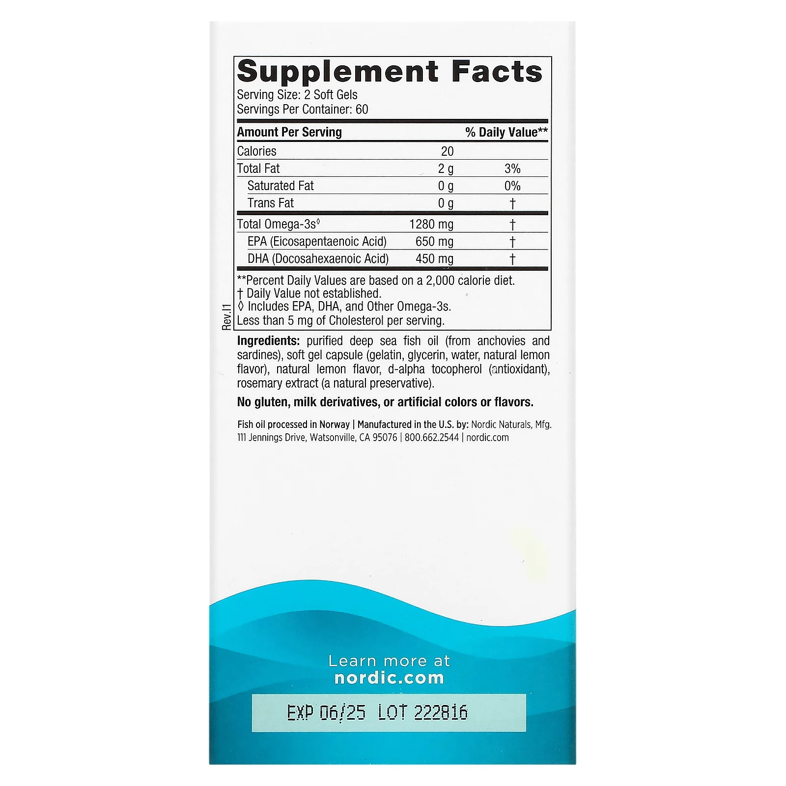 Nordic Naturals, Ultimate Omega, высокоэффективные омега-3 кислоты, со вкусом лимона, 1280 мг, 120 капсул (640 мг в 1 капсуле)