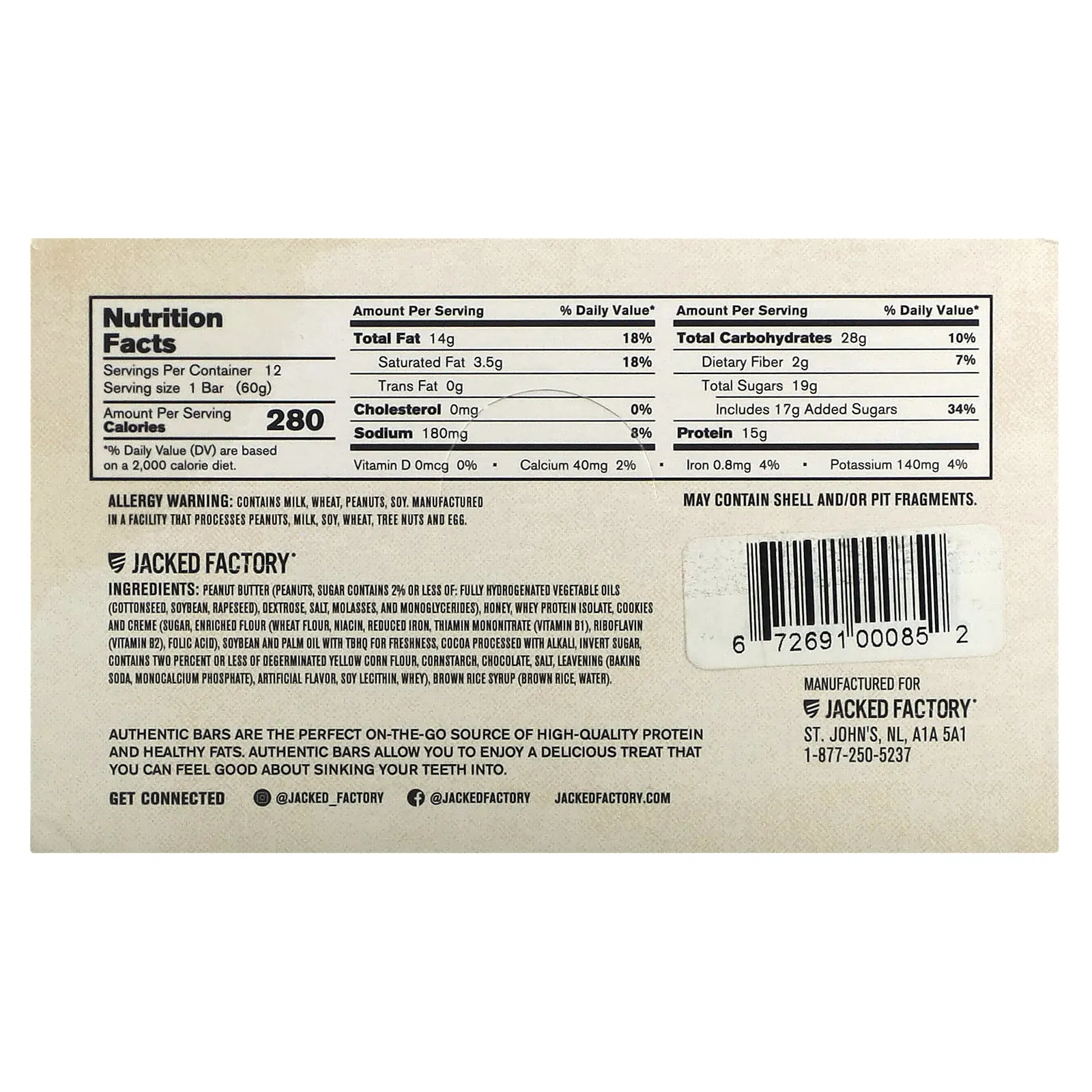 Jacked Factory, Authentic Bar, протеиновый батончик, крошка из печенья, 12 батончиков, 60 г (2,12 унции)
