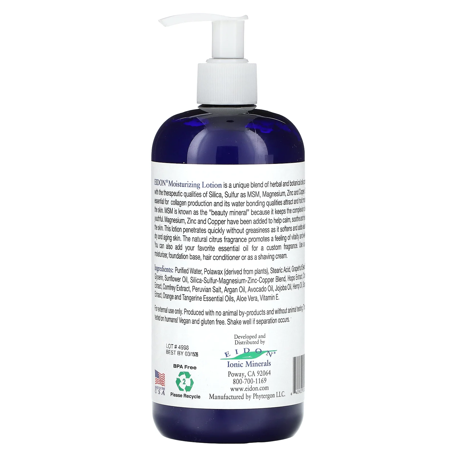 Eidon Ionic Minerals, Увлажняющий лосьон для тела, диоксид кремния и МСМ, 16 унций (474 мл)